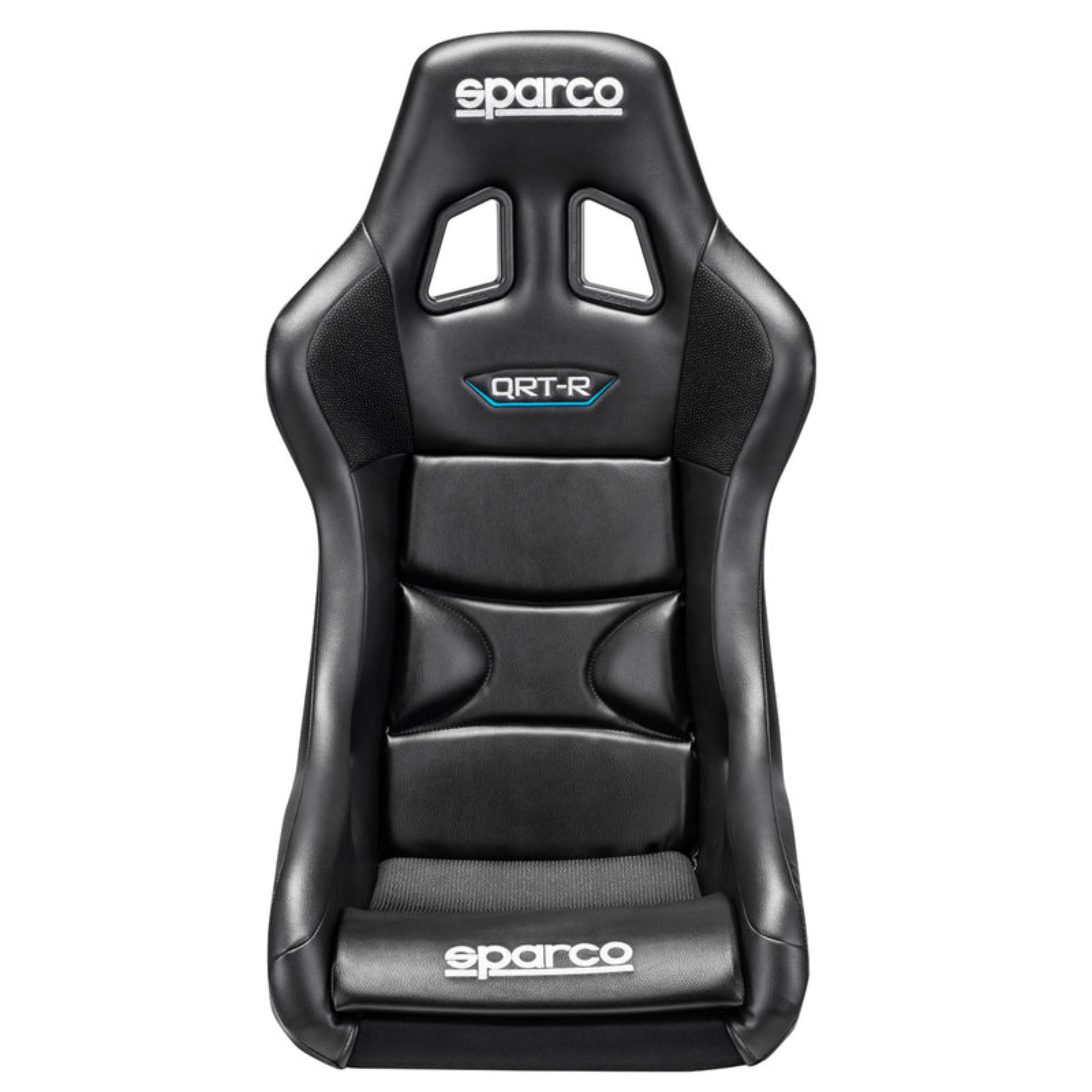 The front of the black Sparco QRT-R Sky Fiberglass Racing Seat.