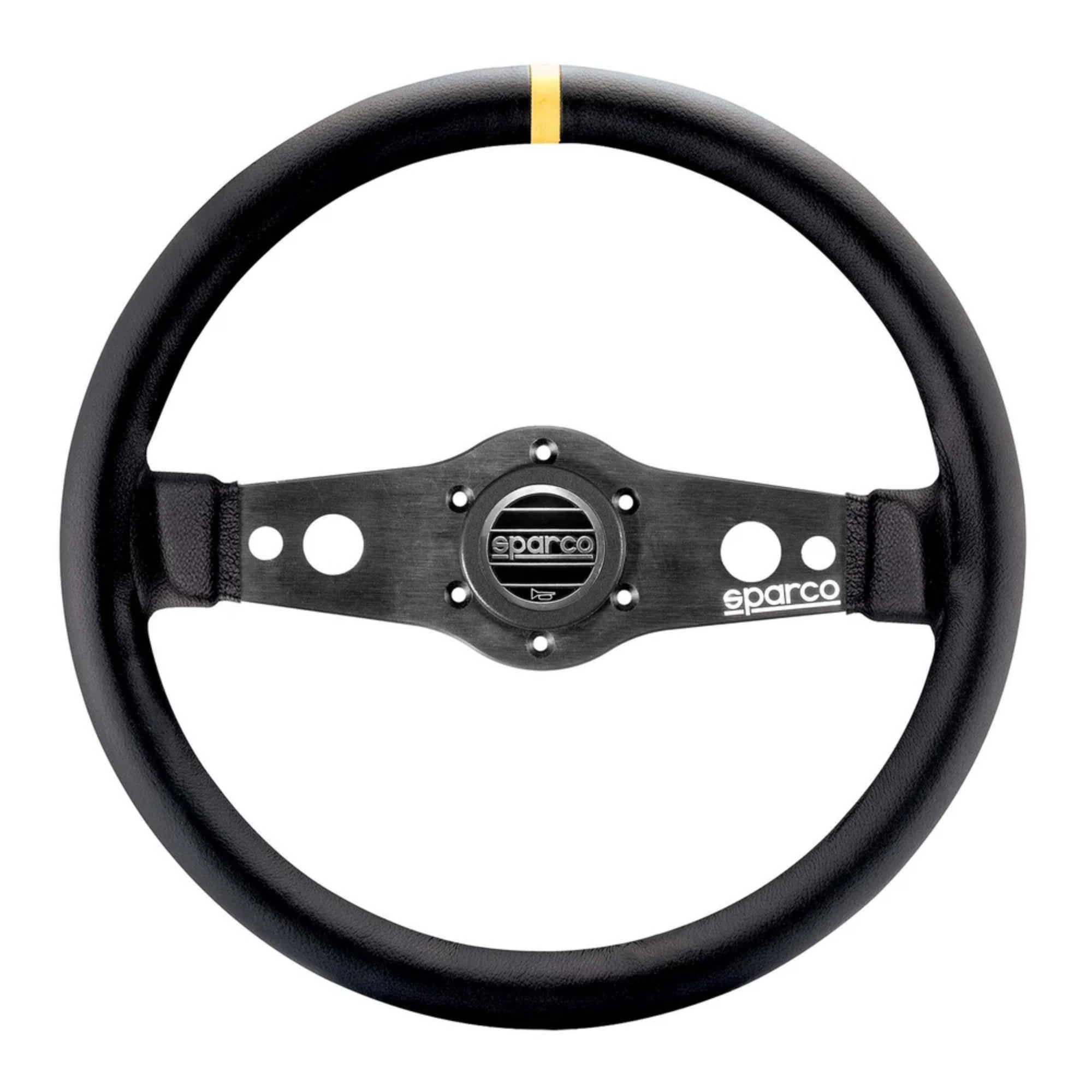 The smooth black leather Sparco R-215 Flat Steering Wheel.