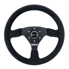 The Sparco R-323 Steering Wheel, a black Sparco three-spoke racing steering wheel with a suede finish on the outer rim and a black metal center hub with the Sparco logo.