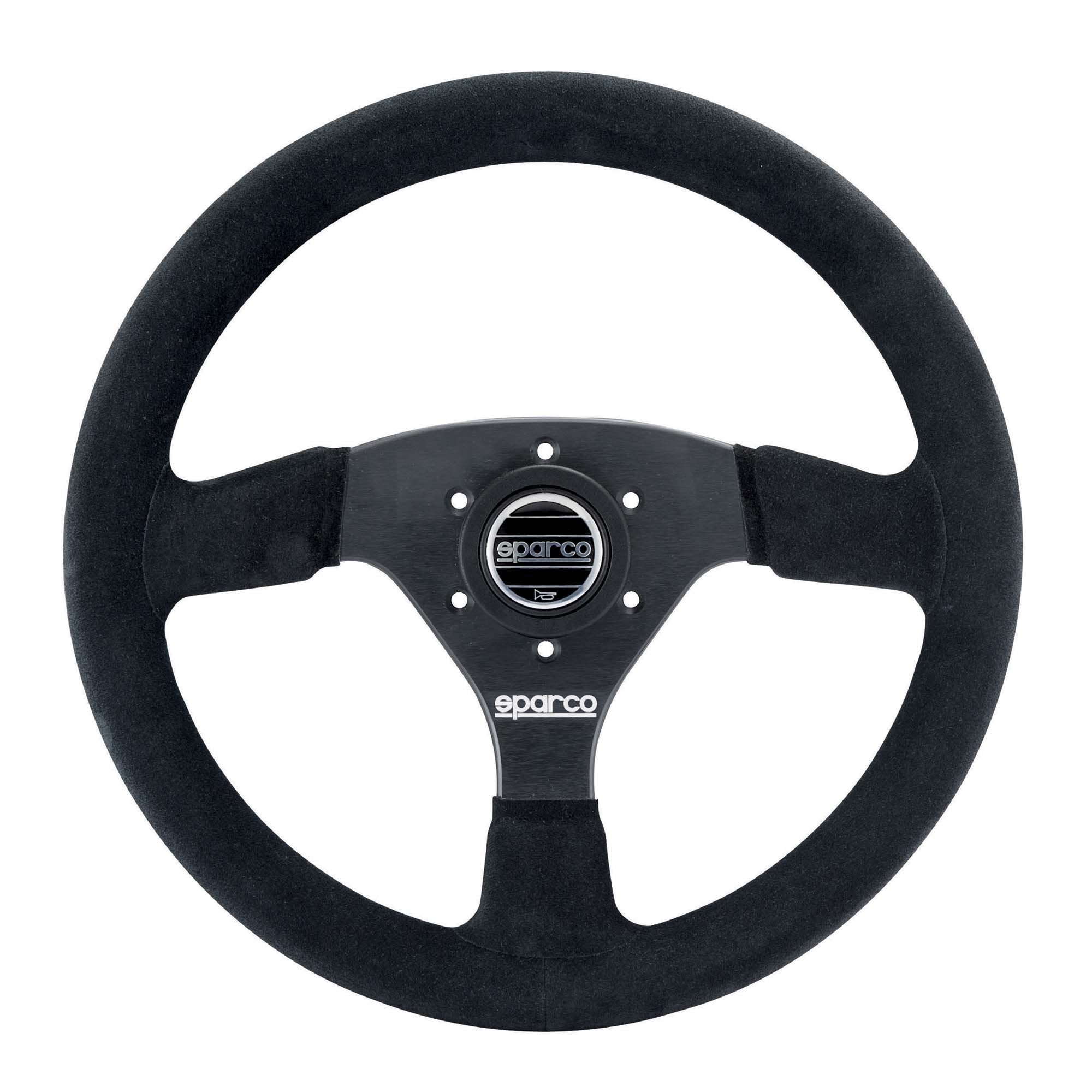 The Sparco R-323 Steering Wheel, a black Sparco three-spoke racing steering wheel with a suede finish on the outer rim and a black metal center hub with the Sparco logo.