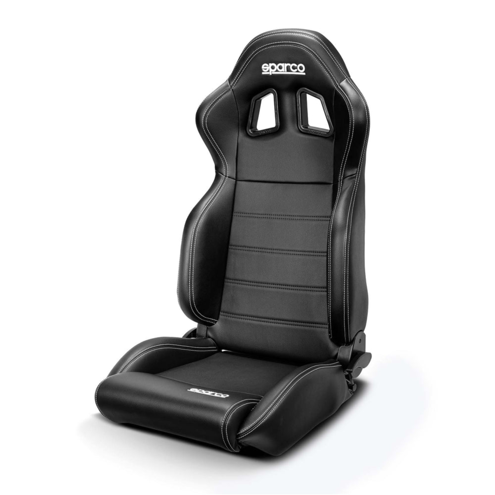 The Sparco R100 Sky v2 Seat, a black racing seat with 'Sparco' branding on a white background.