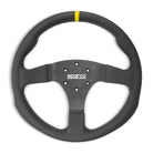The leather Sparco R350 Steering Wheel is a Sparco racing steering wheel with a black leather-wrapped rim, a black three-spoke center, and a small yellow accent stripe on the top edge.