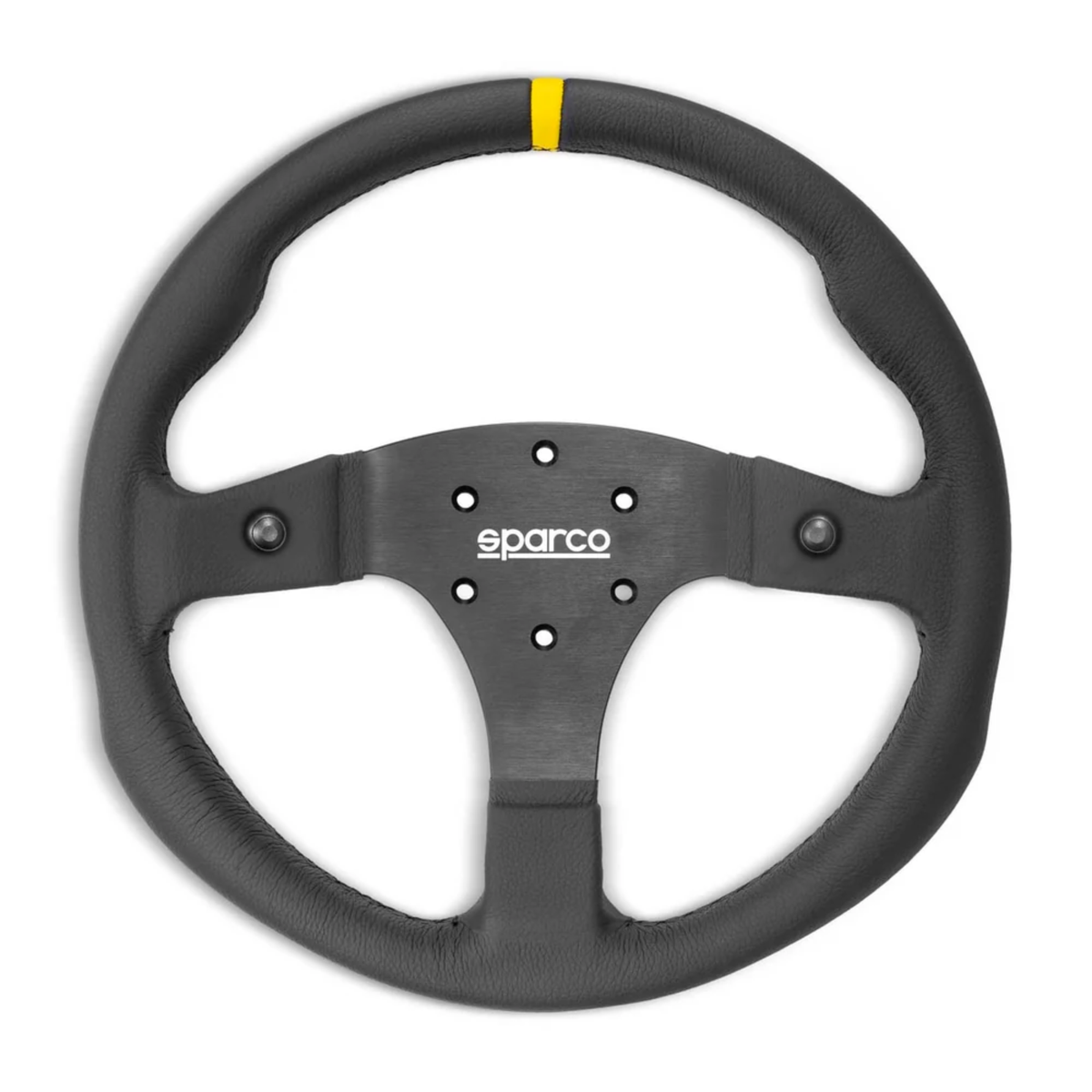 The leather Sparco R350B Steering Wheel, a Sparco racing steering wheel with a black leather-wrapped rim, a black metal center section, and a distinctive yellow stripe near the top of the wheel.