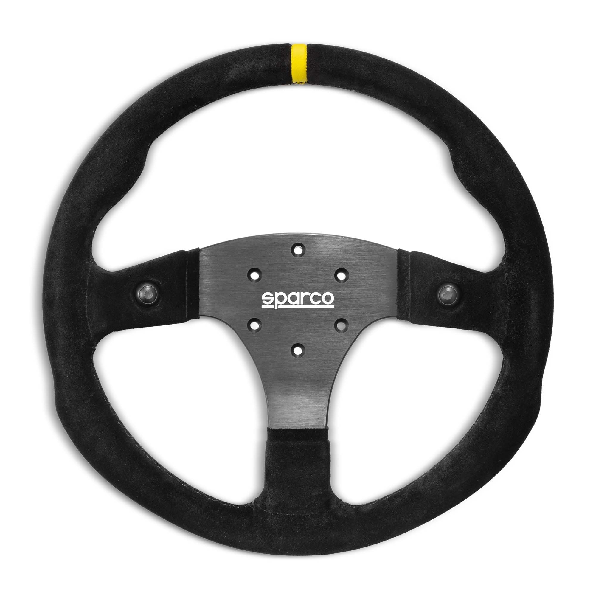 The suede Sparco R350B Steering Wheel, a Sparco racing wheel featuring a black suede rim with a small yellow stripe at the top and a brushed silver metal center section with the Sparco logo.