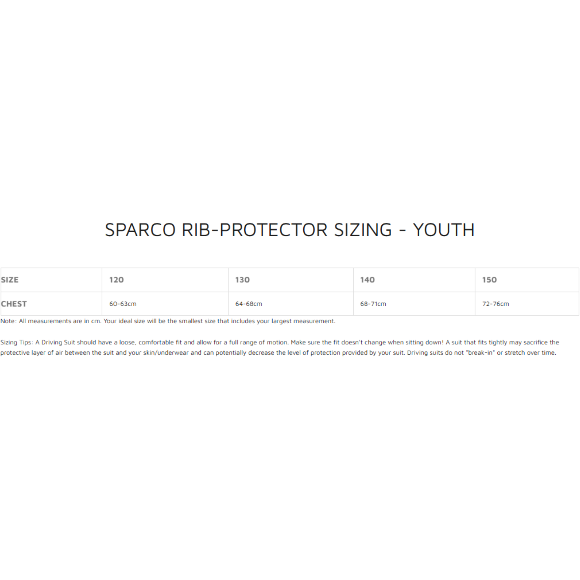 The youth sparco rib-protector sizing size guide provided by Everyday Motorsports. all-groups