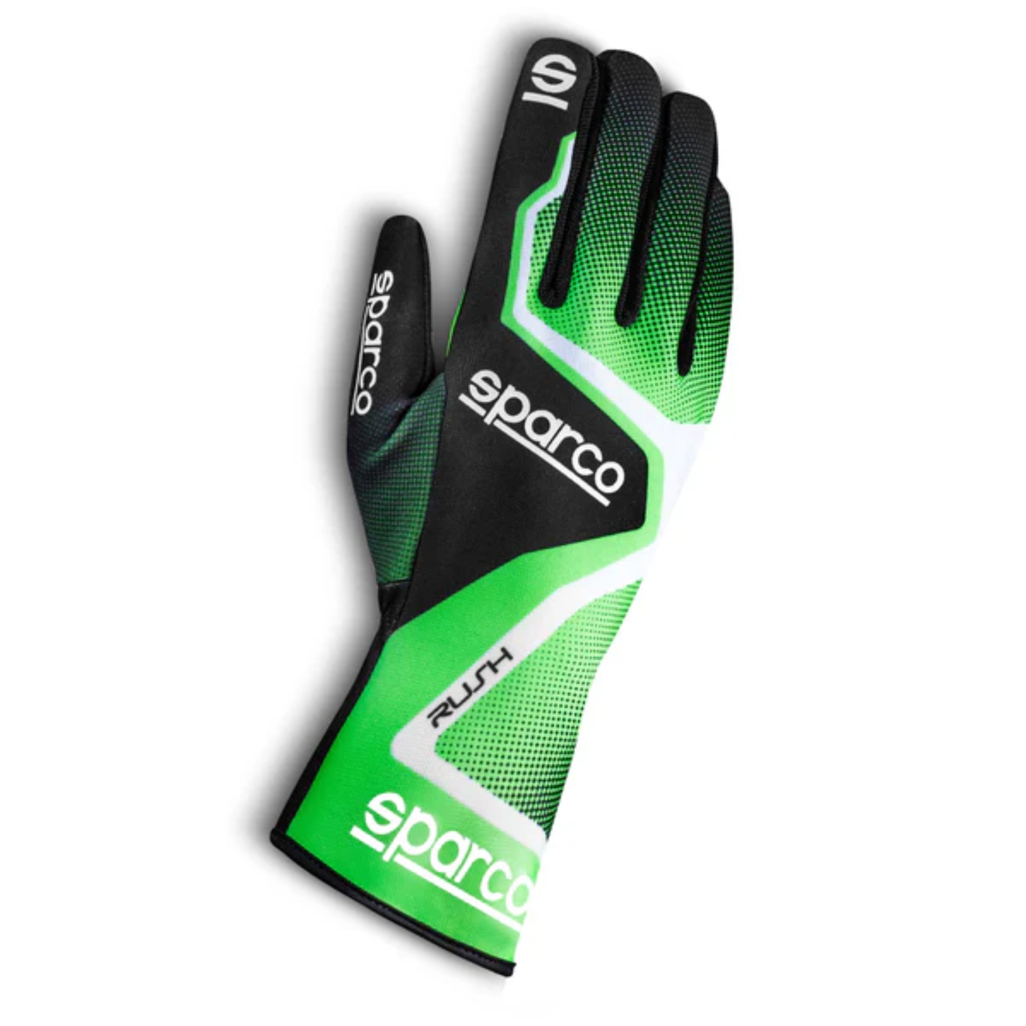 The green and black Sparco Rush Karting Gloves from Sparco.