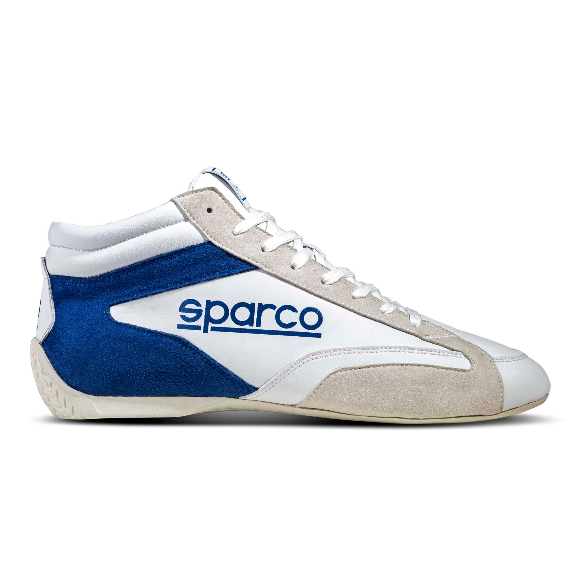 The side of the white and navy Sparco S-Drive Mid Shoes.
