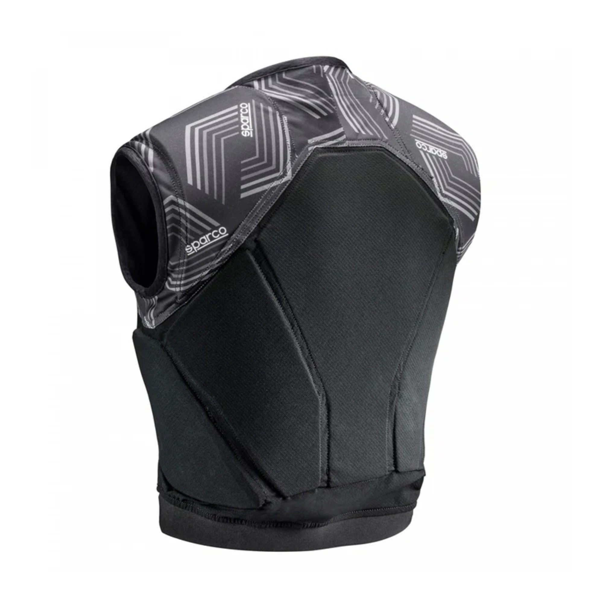 The back of the black and white Sparco SJ Pro K-3 Rib Protector Vest.