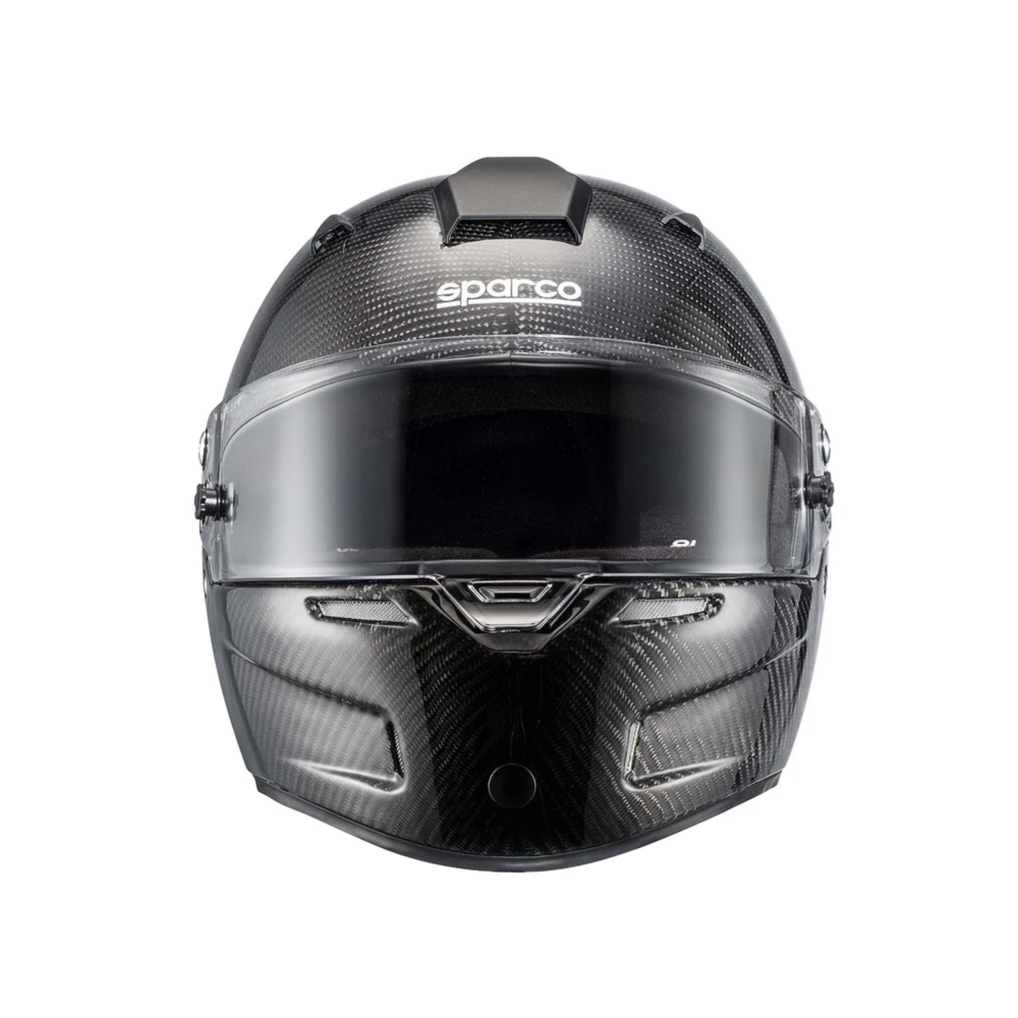 The Sparco Sky RF-7W Carbon SA2020 Helmet from Sparco with black internal padding from the front.