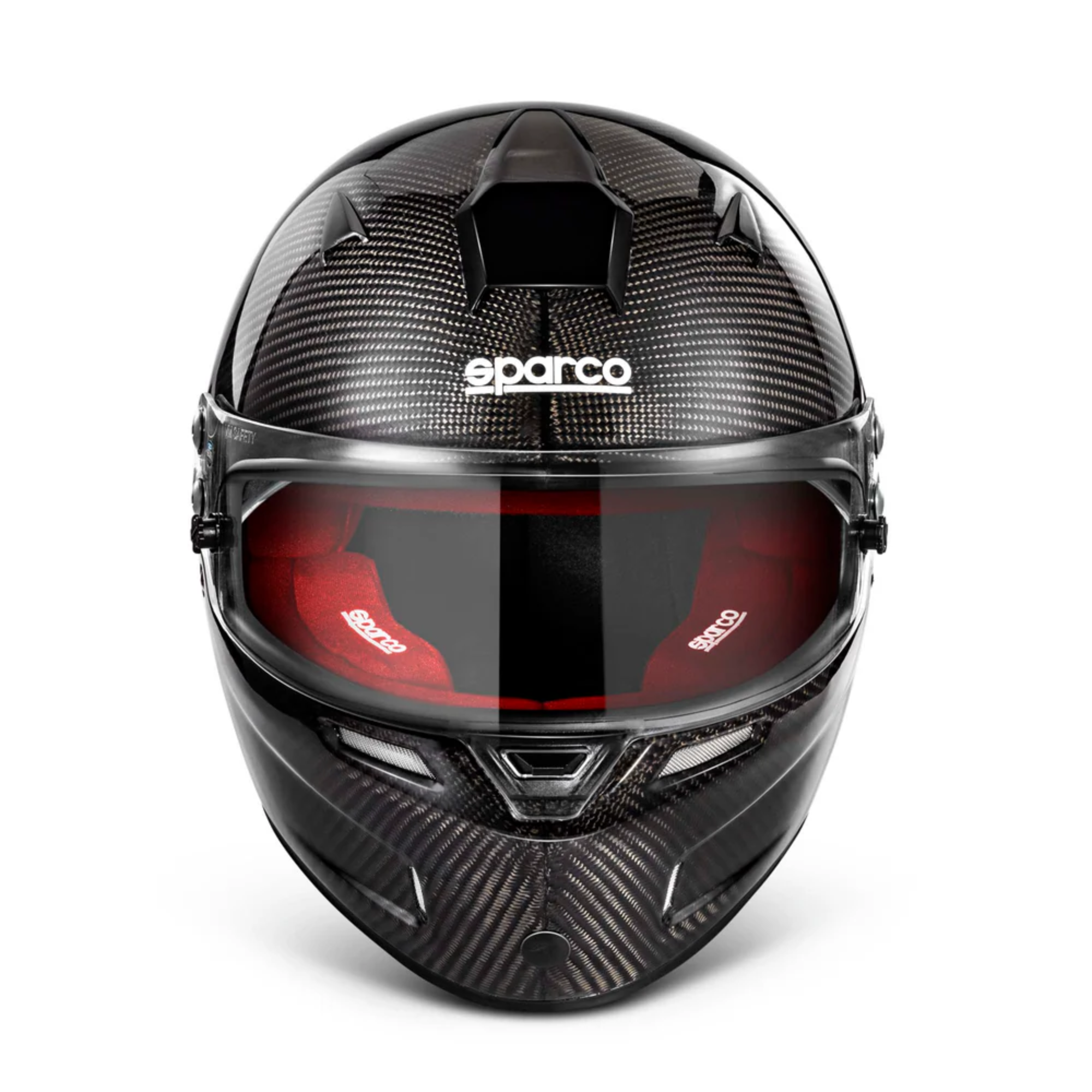 The Sparco Sky RF-7W Carbon SA2020 Helmet from Sparco with red internal padding.
