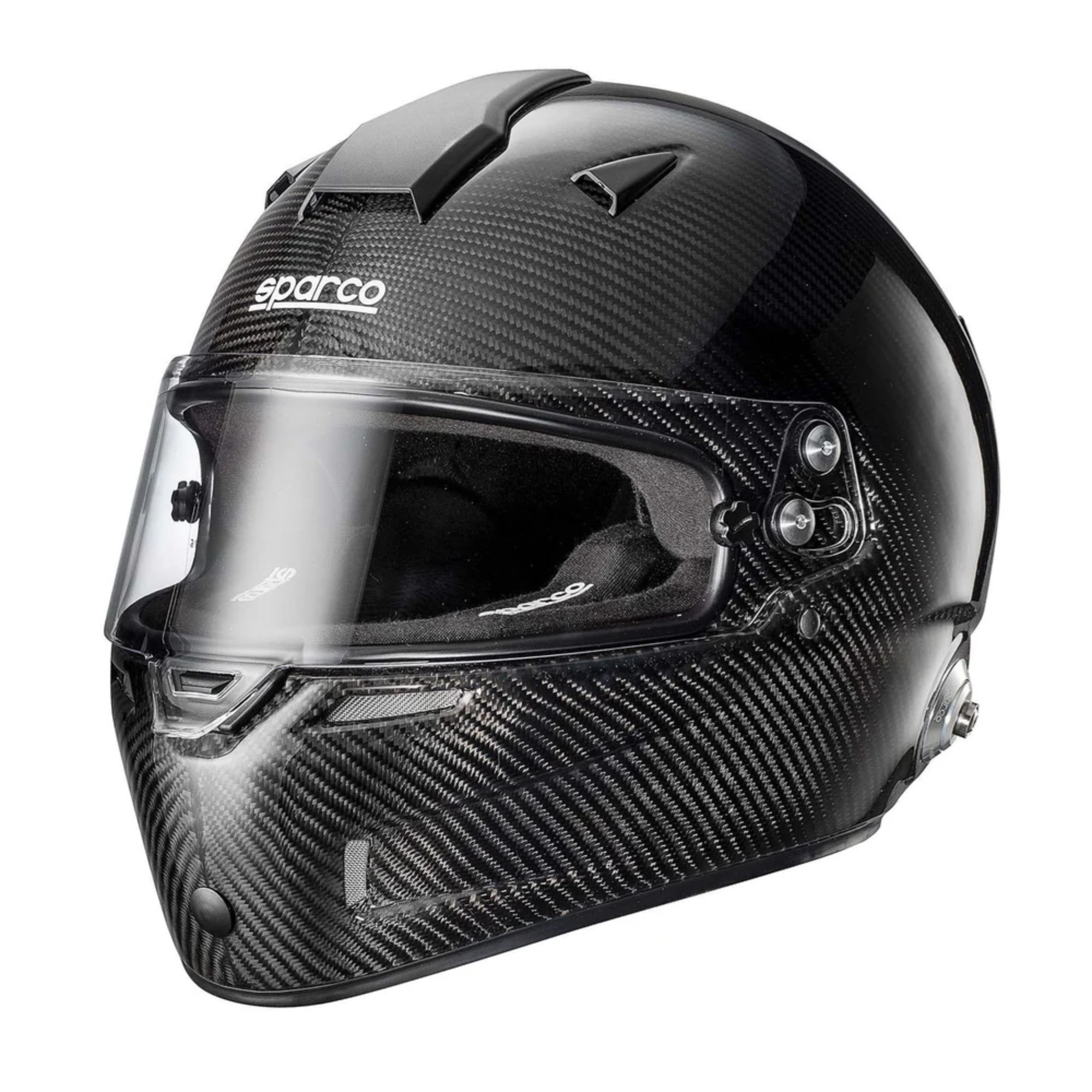 The Sparco Sky RF-7W Carbon SA2020 Helmet from Sparco with black internal padding in a studio.