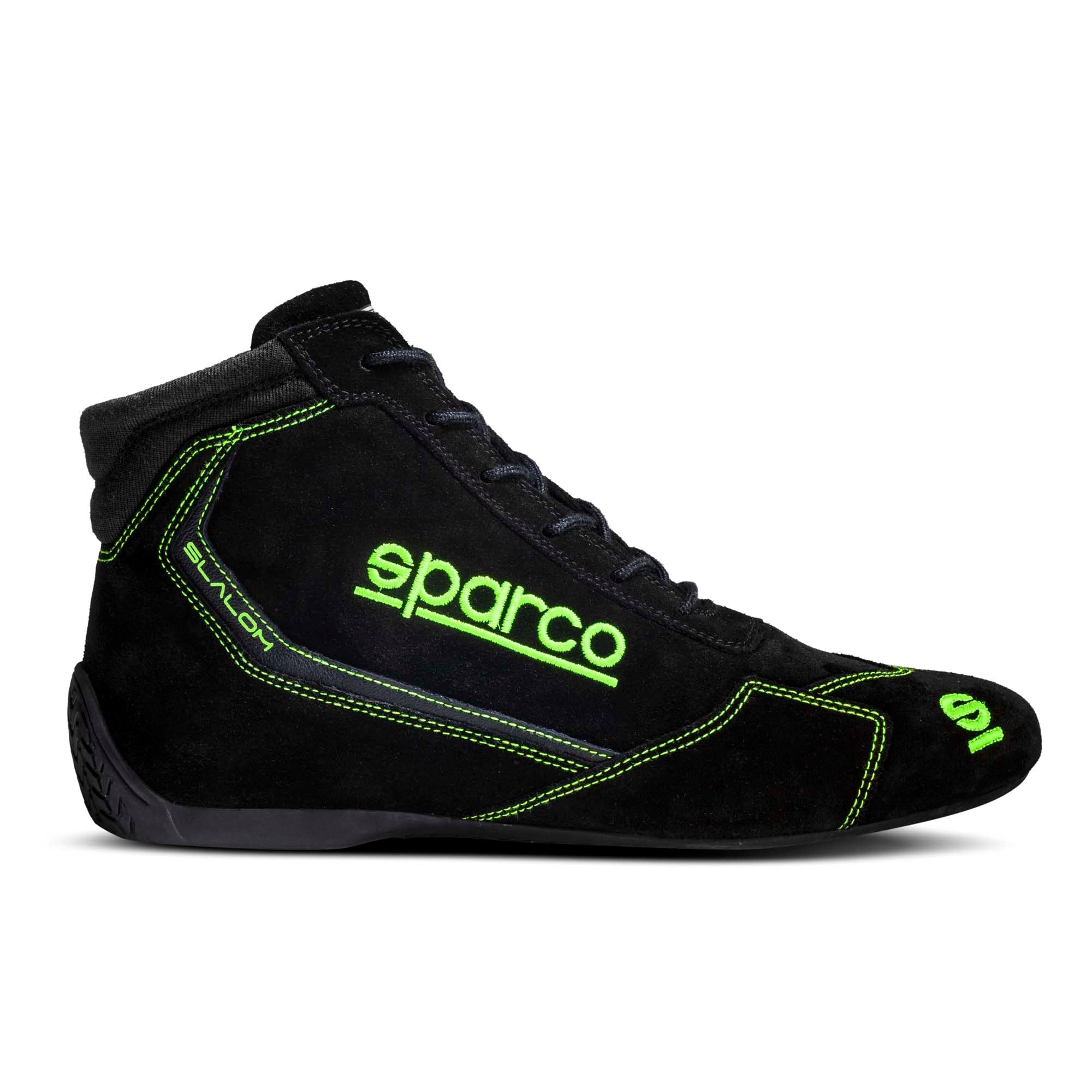 The side of the black and green Sparco Slalom Racing Shoes.