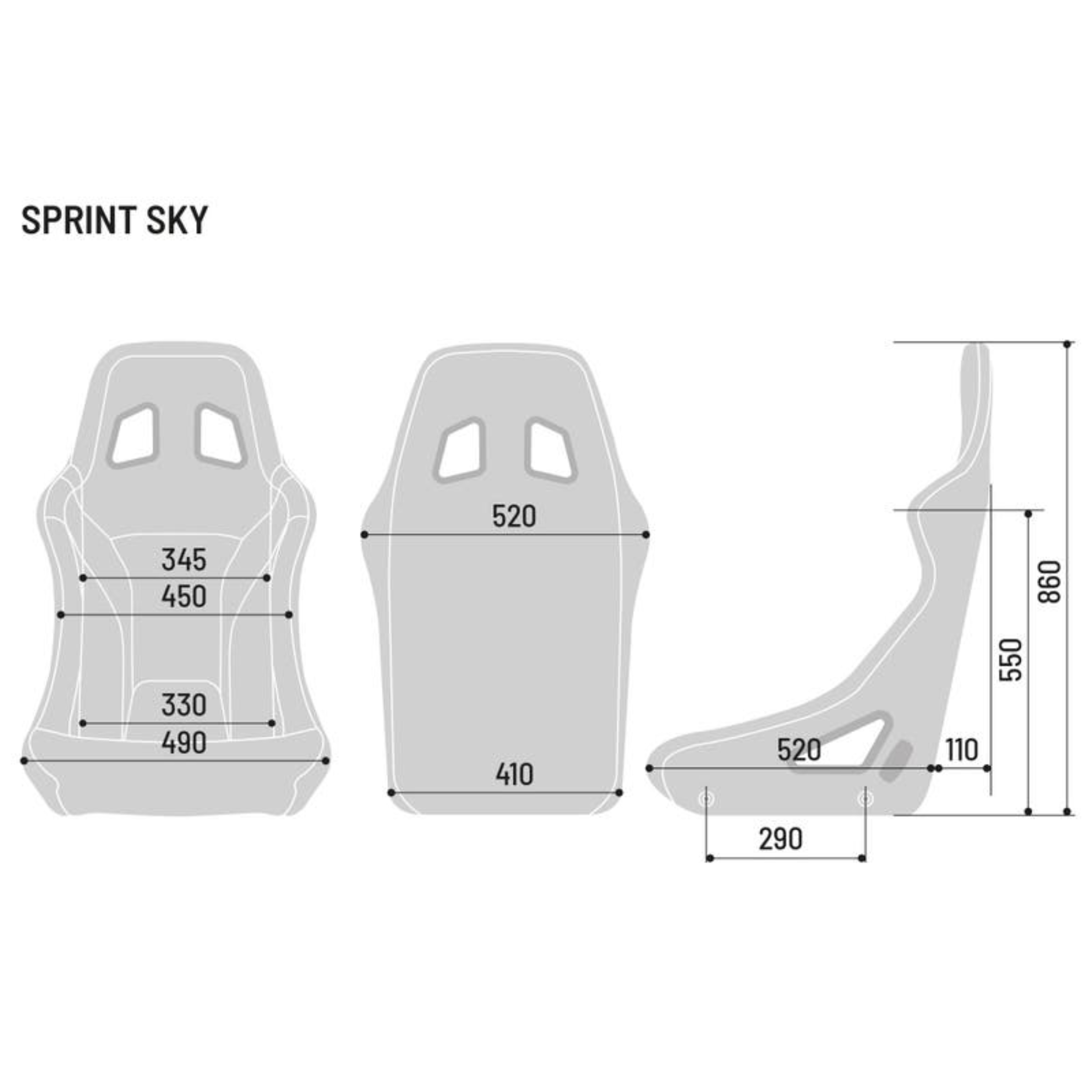 The dimensions of the Sparco Sprint+ Sky Racing Seat.
