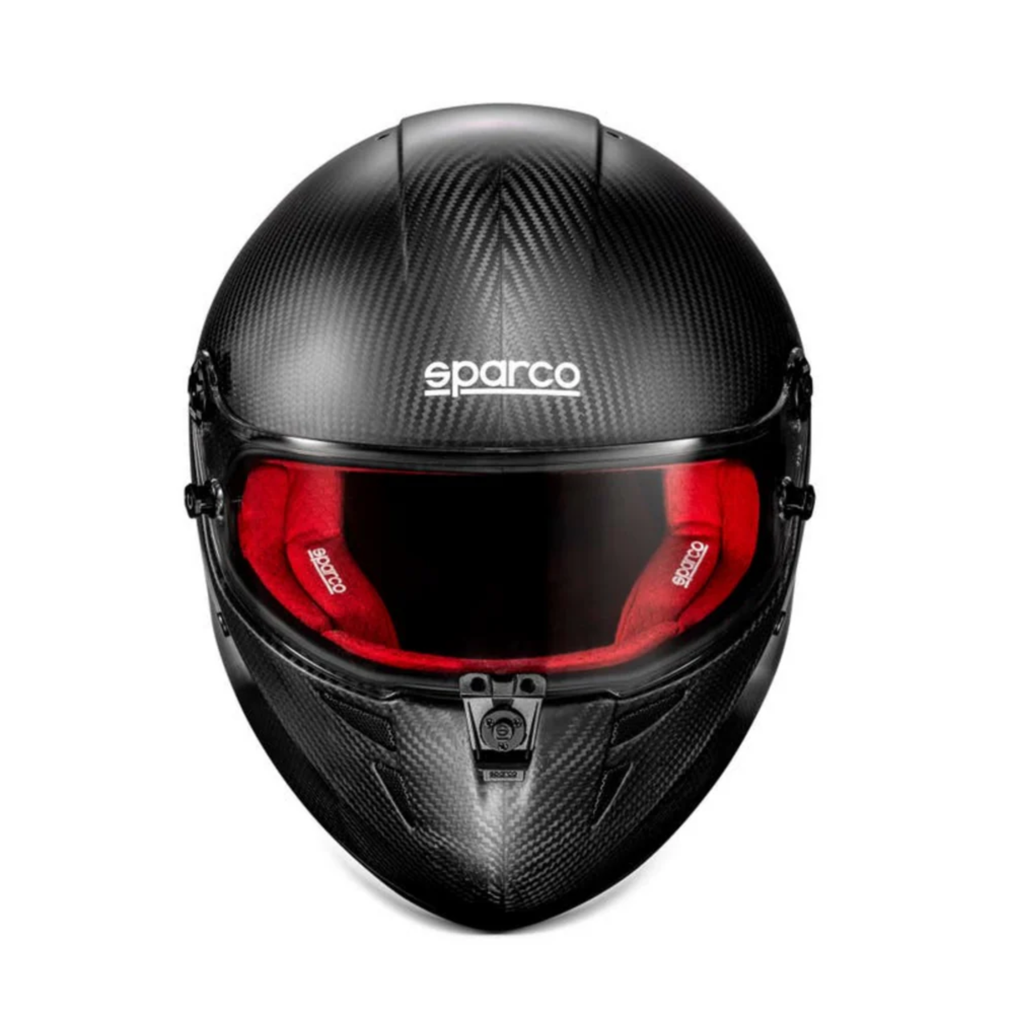 The front of the black and red Sparco Stealth KF Carbon Karting Helmet - K2025 / FIA8878 from Sparco.