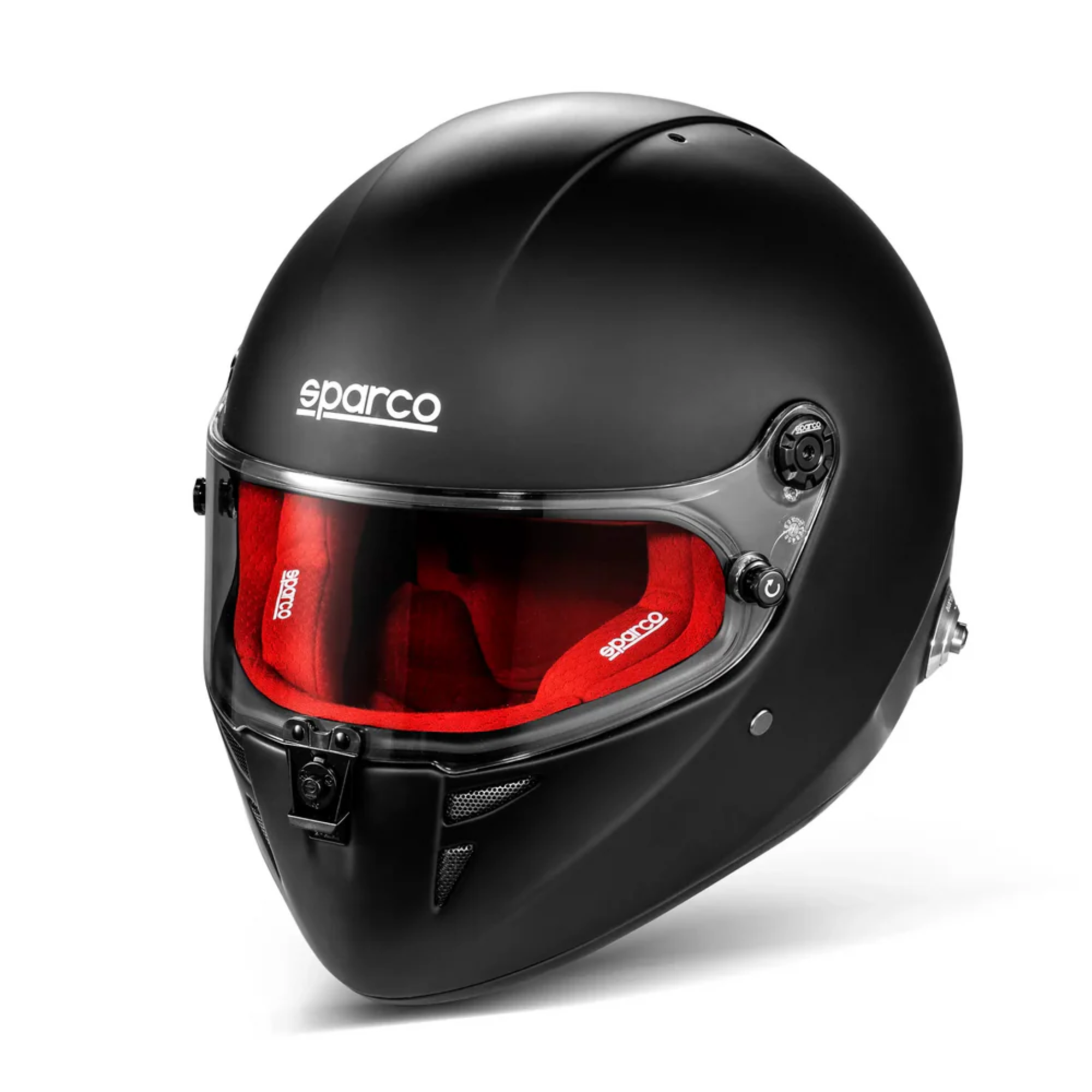 The flat black and red Sparco Stealth RF Racing Helmet - SA2025 / FIA8859 from Sparco.
