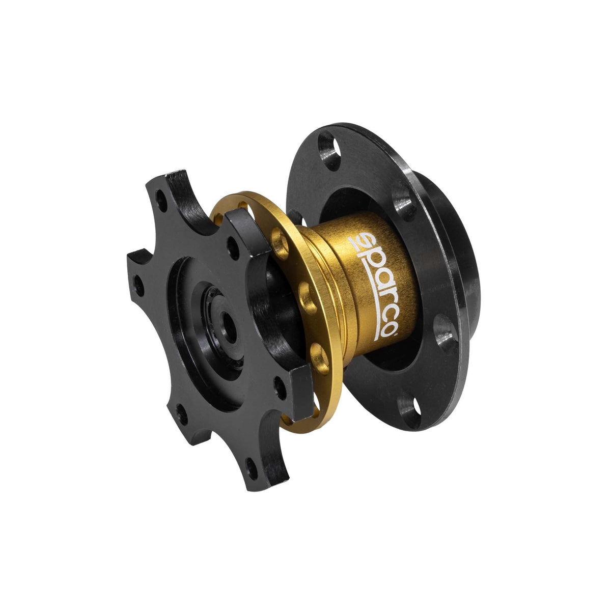 The gold Bolt-On Style Sparco Steering Wheel Quick Release.