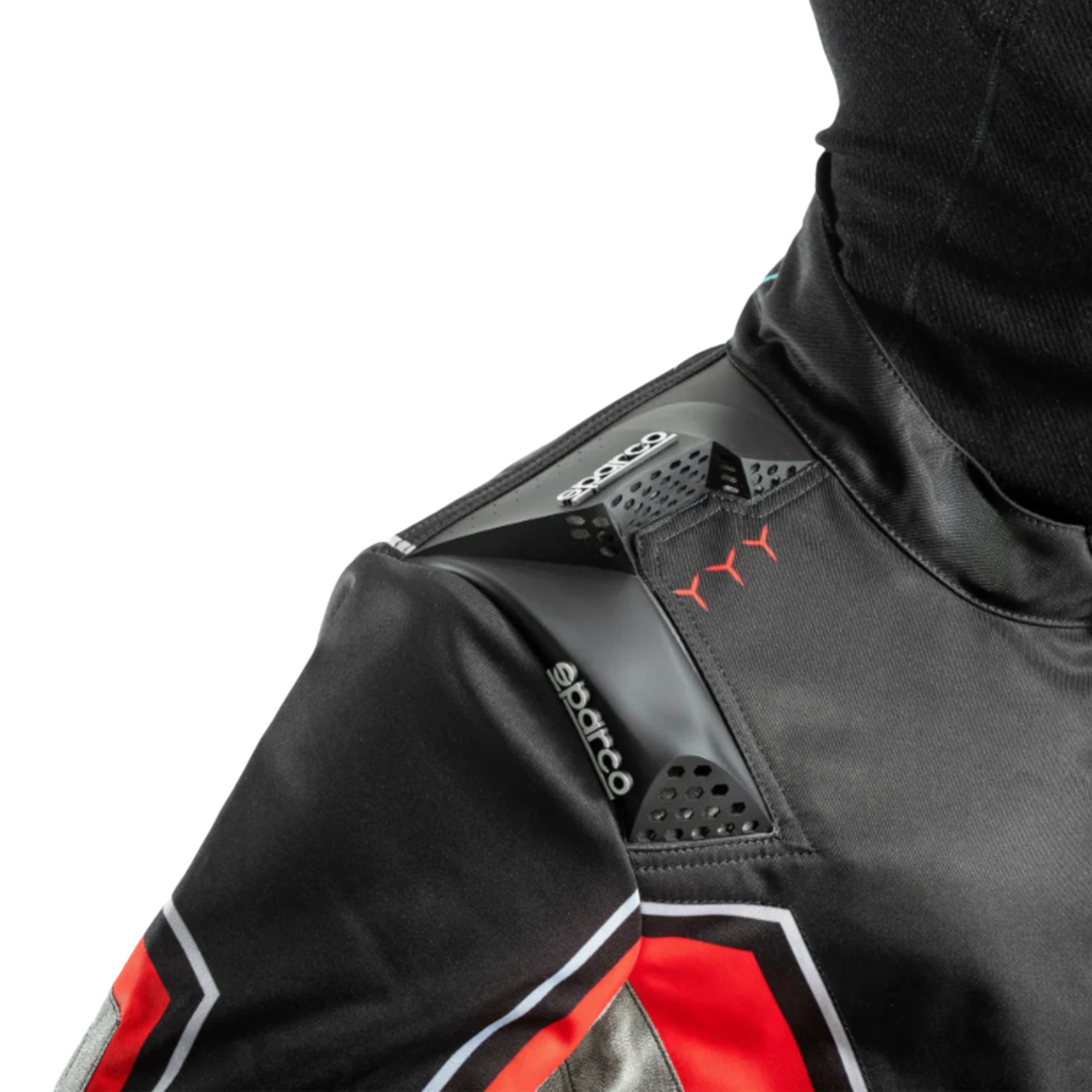 The shoulder of the black and red Sparco Superleggera-K Kart Racing Suit. all-groups