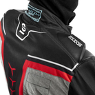 The black and red Sparco Superleggera K Youth Kart Racing Suit from Sparco showing the neck and back.