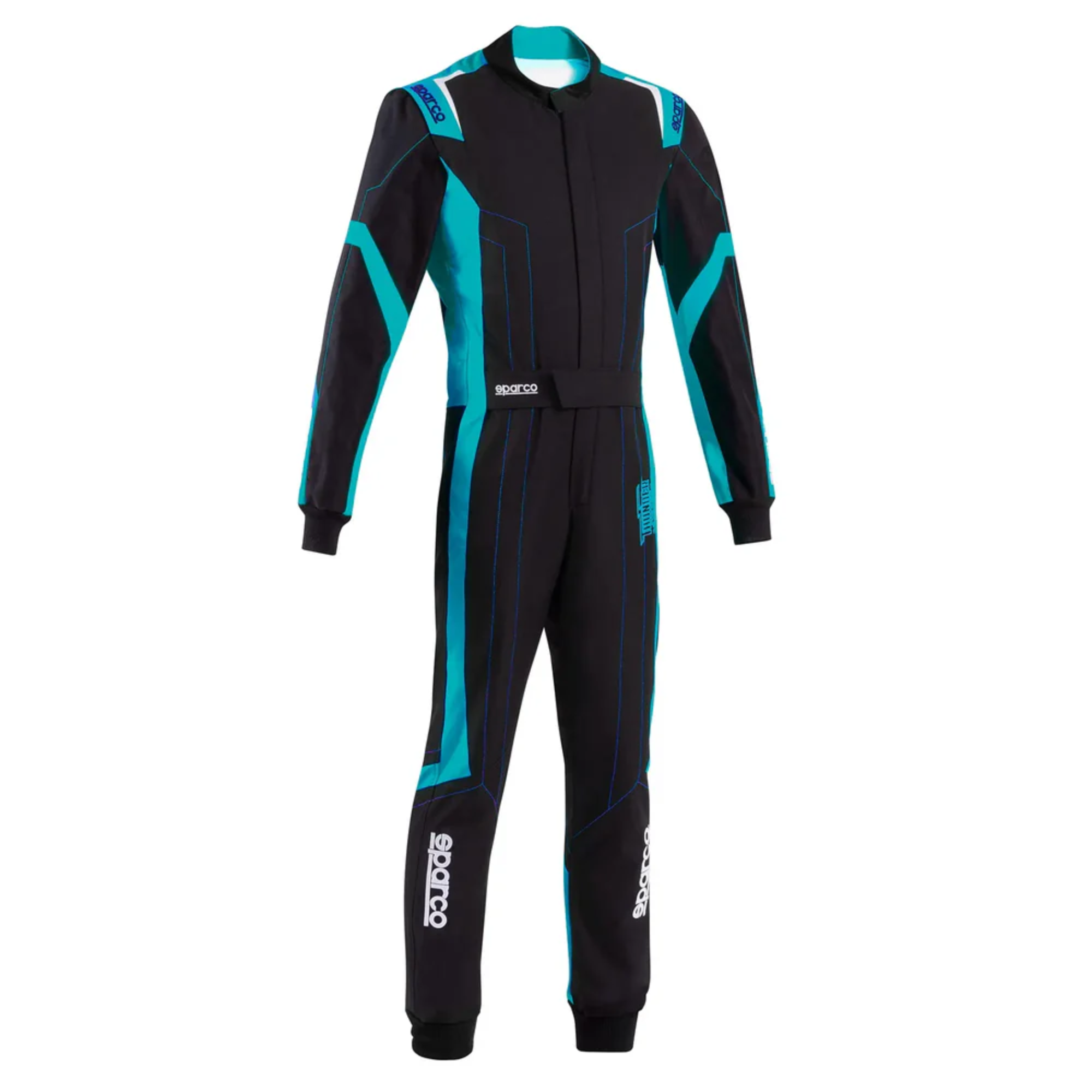 The black and celeste Sparco Thunder Advanced Kart Racing Suit from Sparco.
