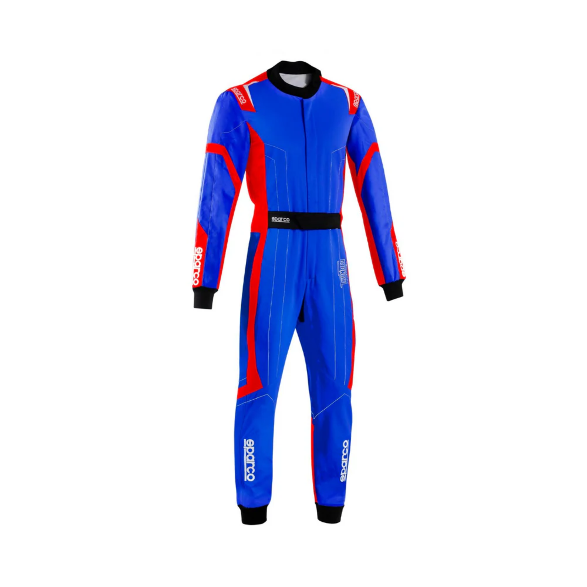 The blue and red Sparco Thunder Advanced Youth Kart Racing Suit from Sparco.
