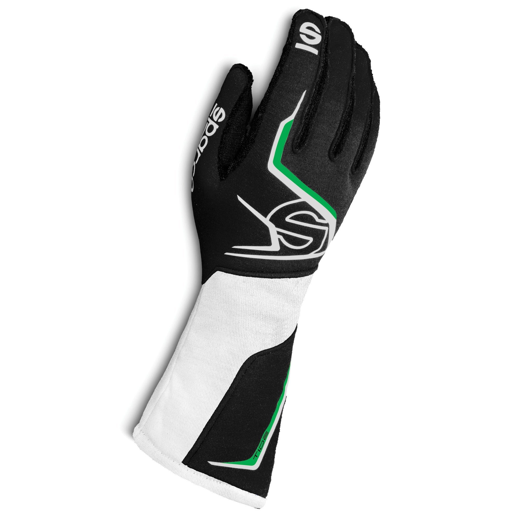 The black, white and green Sparco Tide-K Karting Gloves.