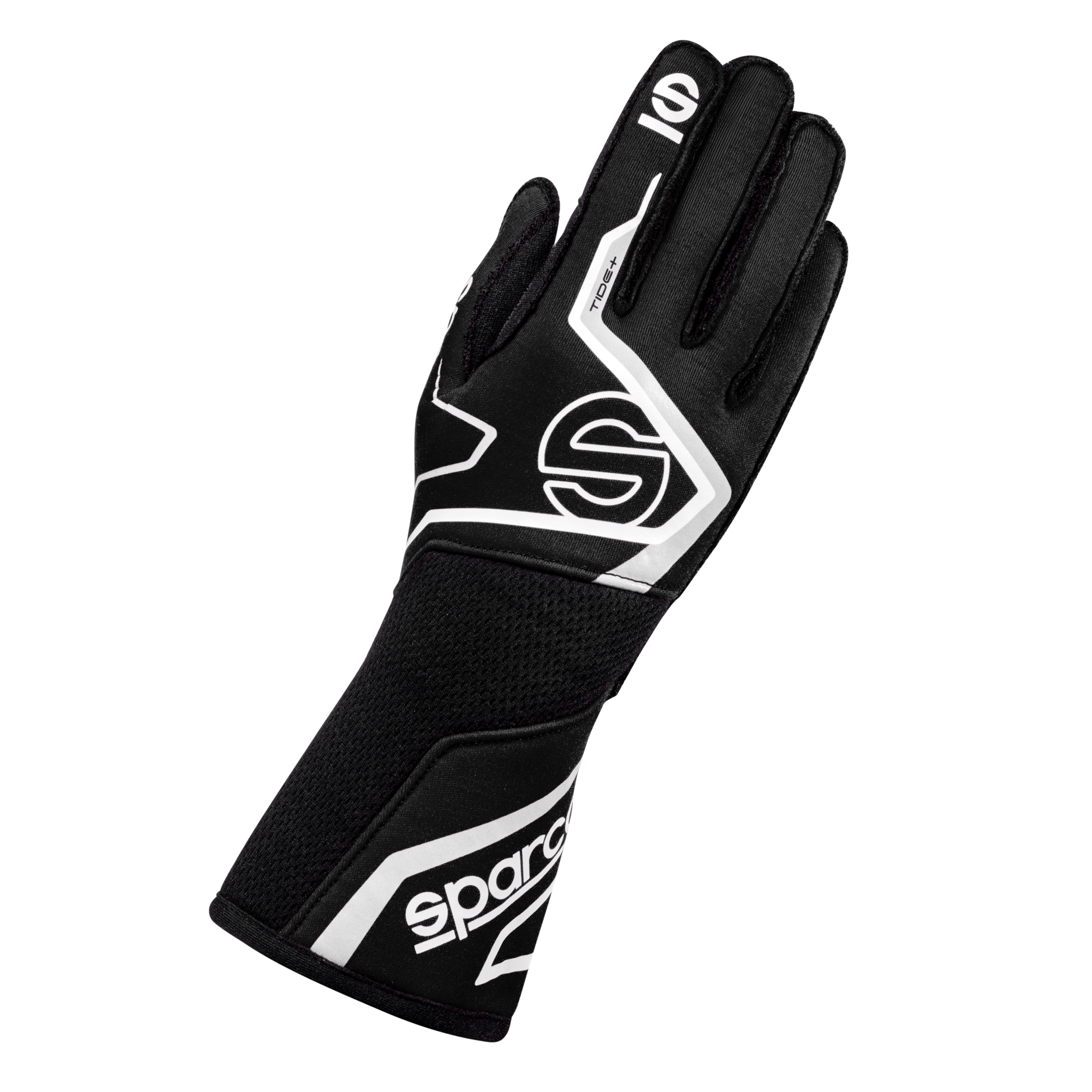 The black and white Sparco Tide+ Racing Gloves.