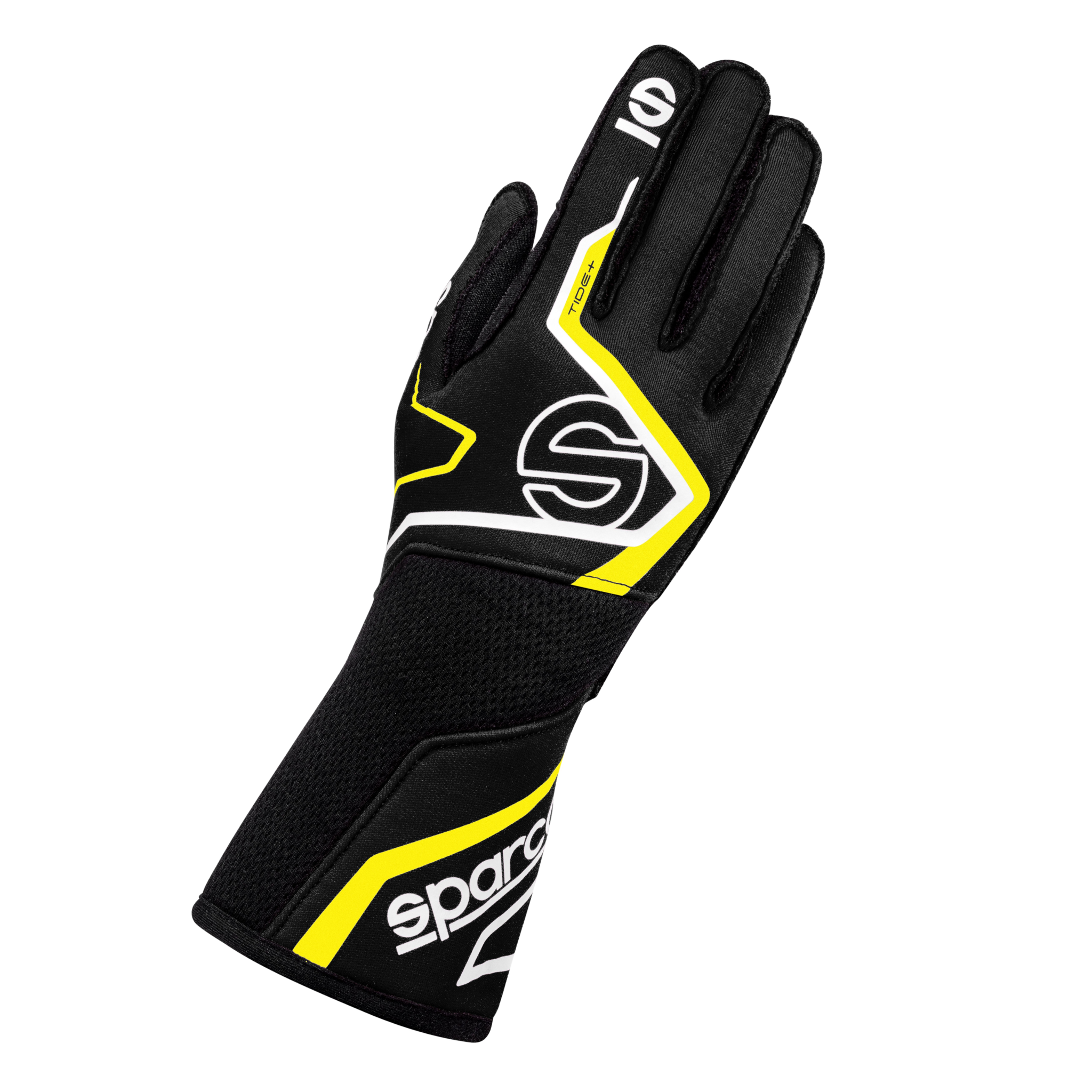 The black and yellow Sparco Tide+ Racing Gloves.