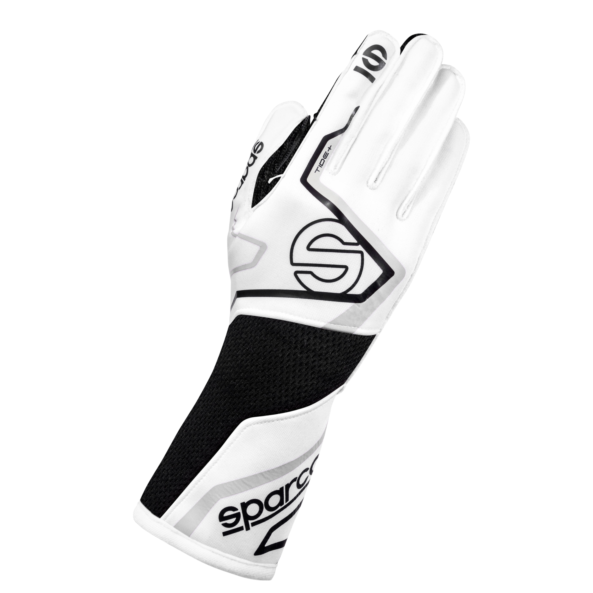 The white and black Sparco Tide+ Racing Gloves.