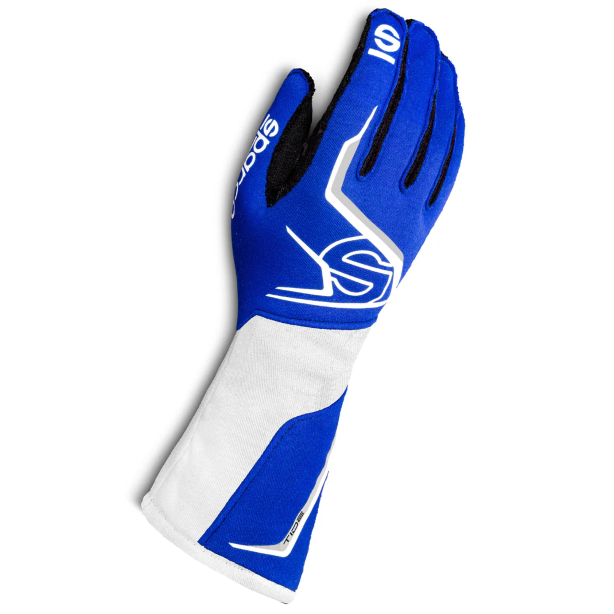 The blue and white Sparco Tide Racing Gloves.