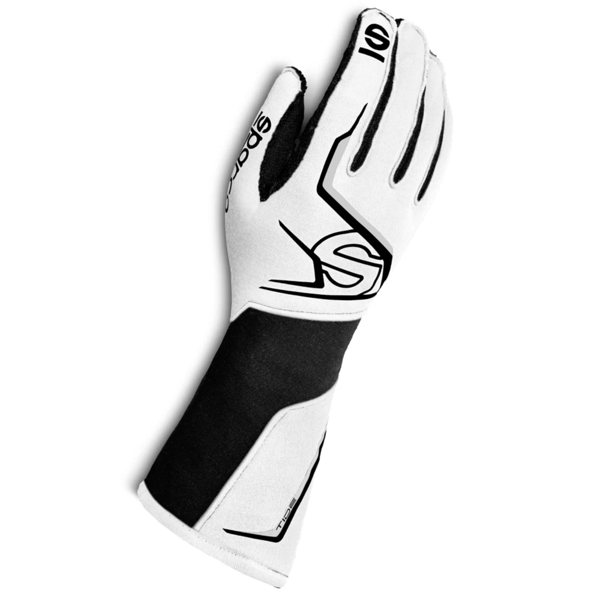 The white and black Sparco Tide Racing Gloves.