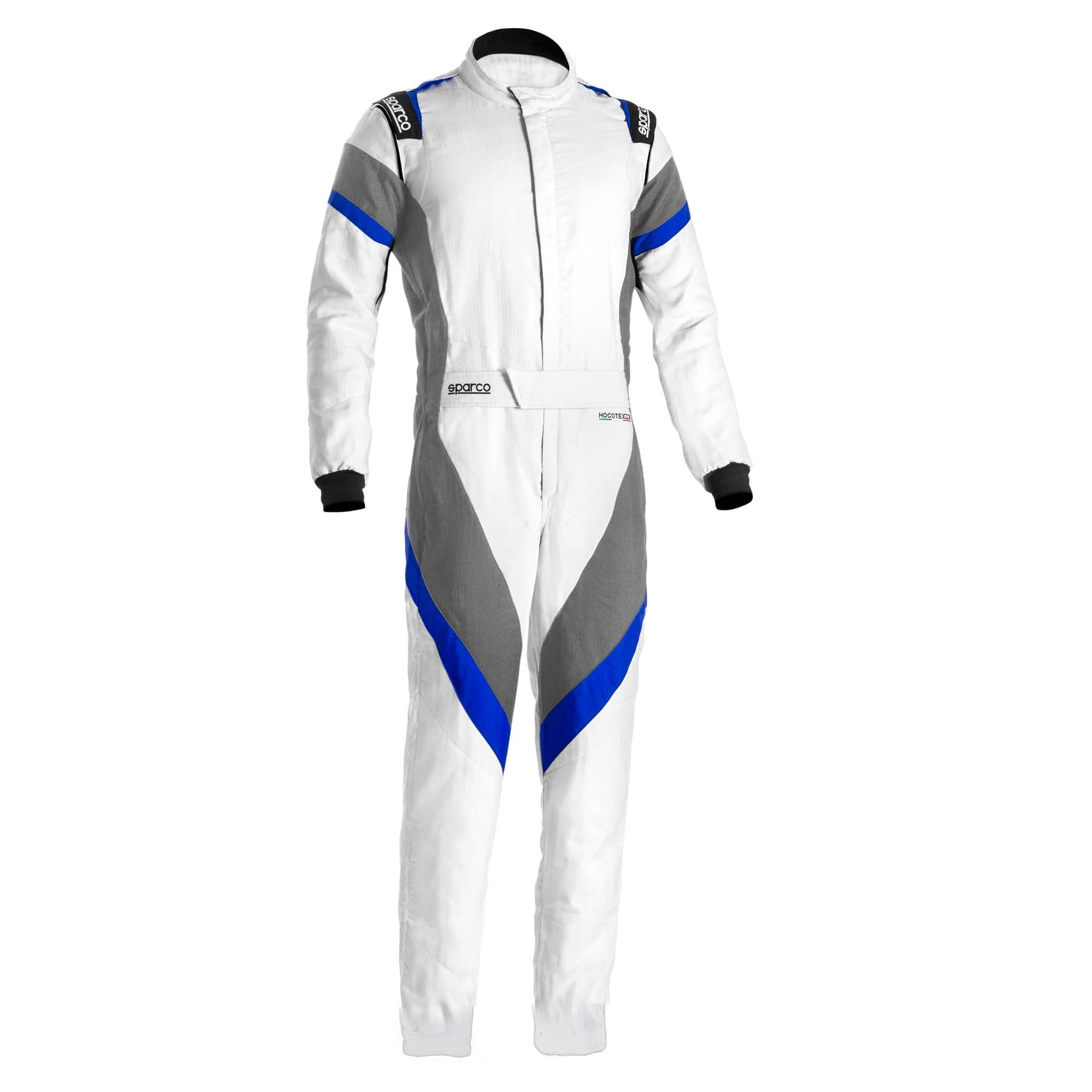 The white and blue boot cut Sparco Victory 3.0 Racing Suit.