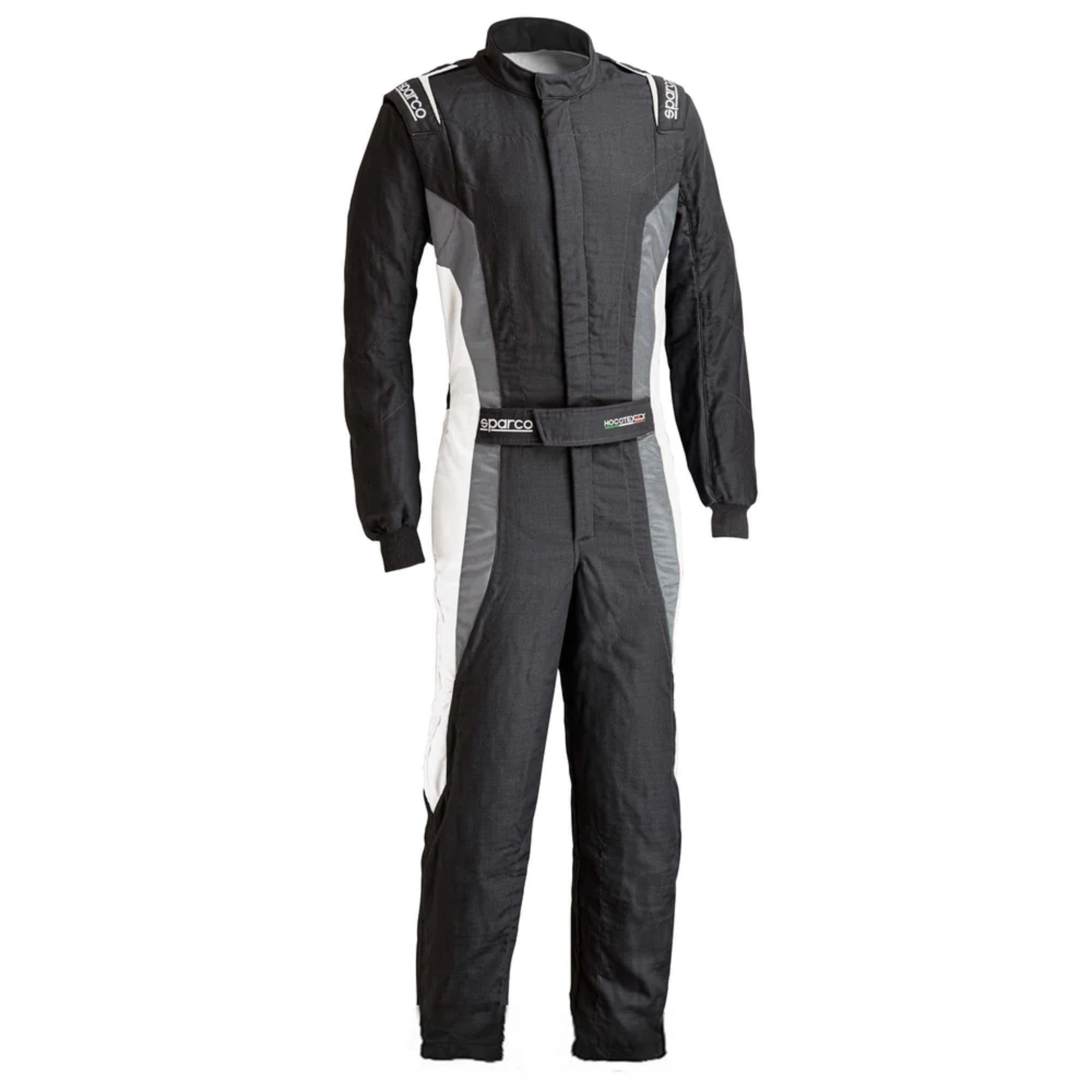 The black and gray Sparco Victory Pro Boot-Cut Racing Suit.