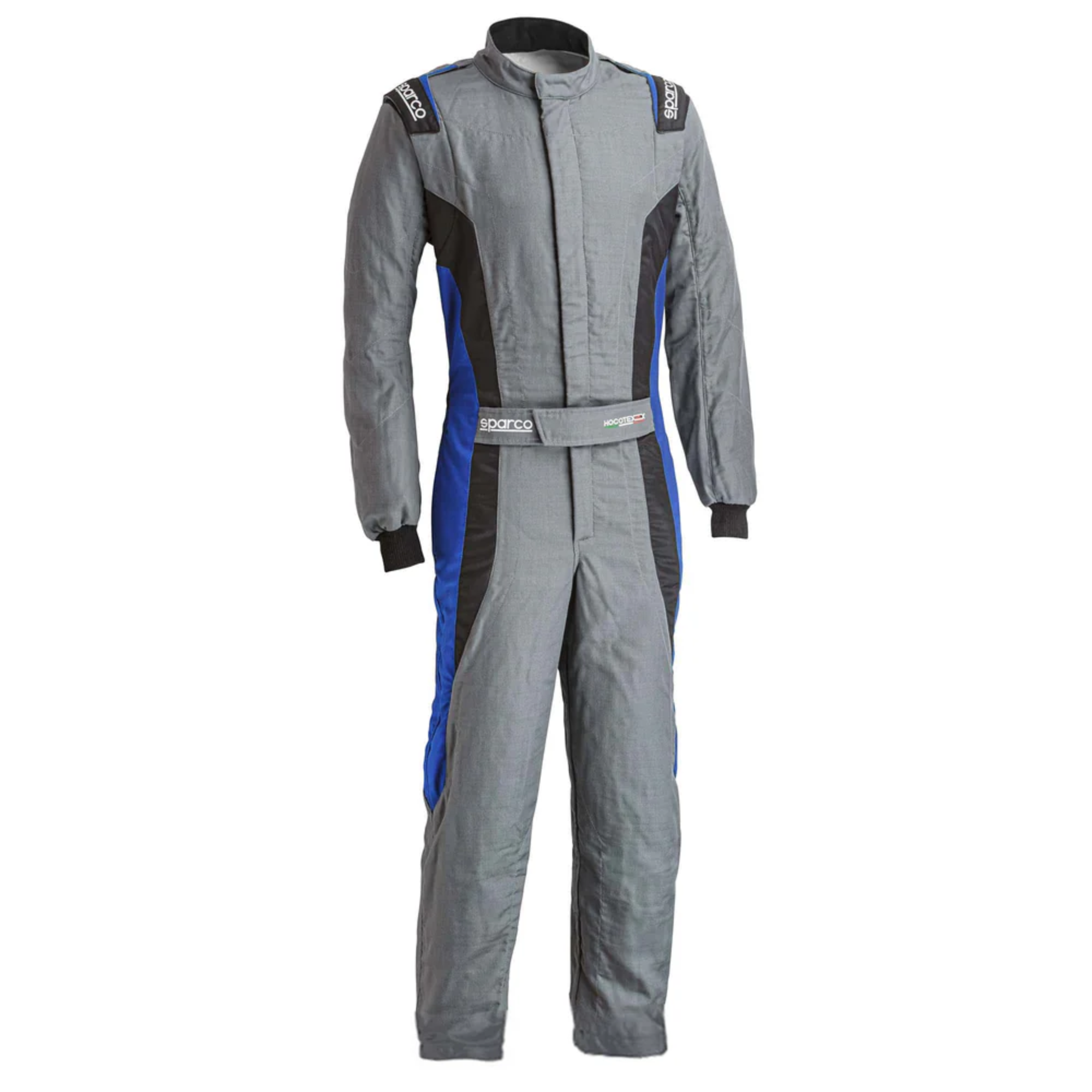 The gray and blue Sparco Victory Pro Boot-Cut Racing Suit.