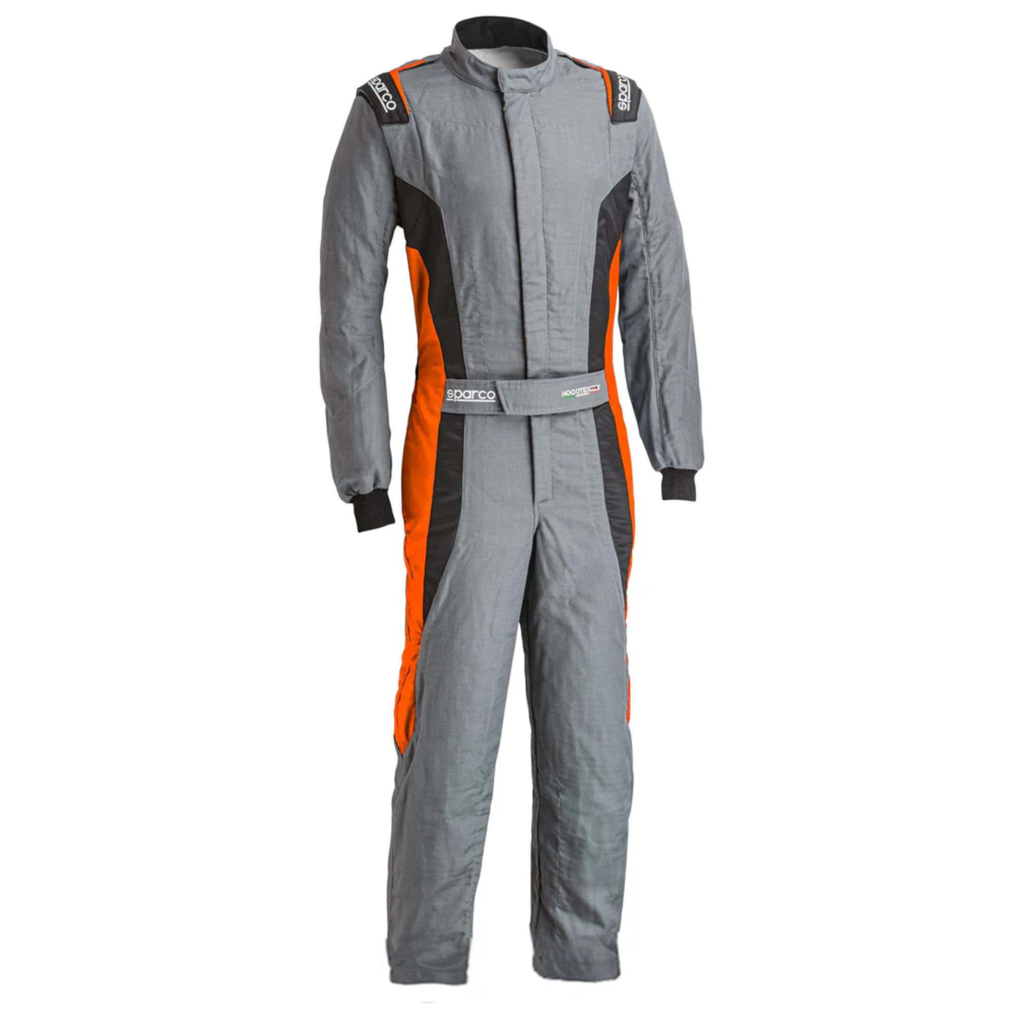 The gray and orange Sparco Victory Pro Boot-Cut Racing Suit.