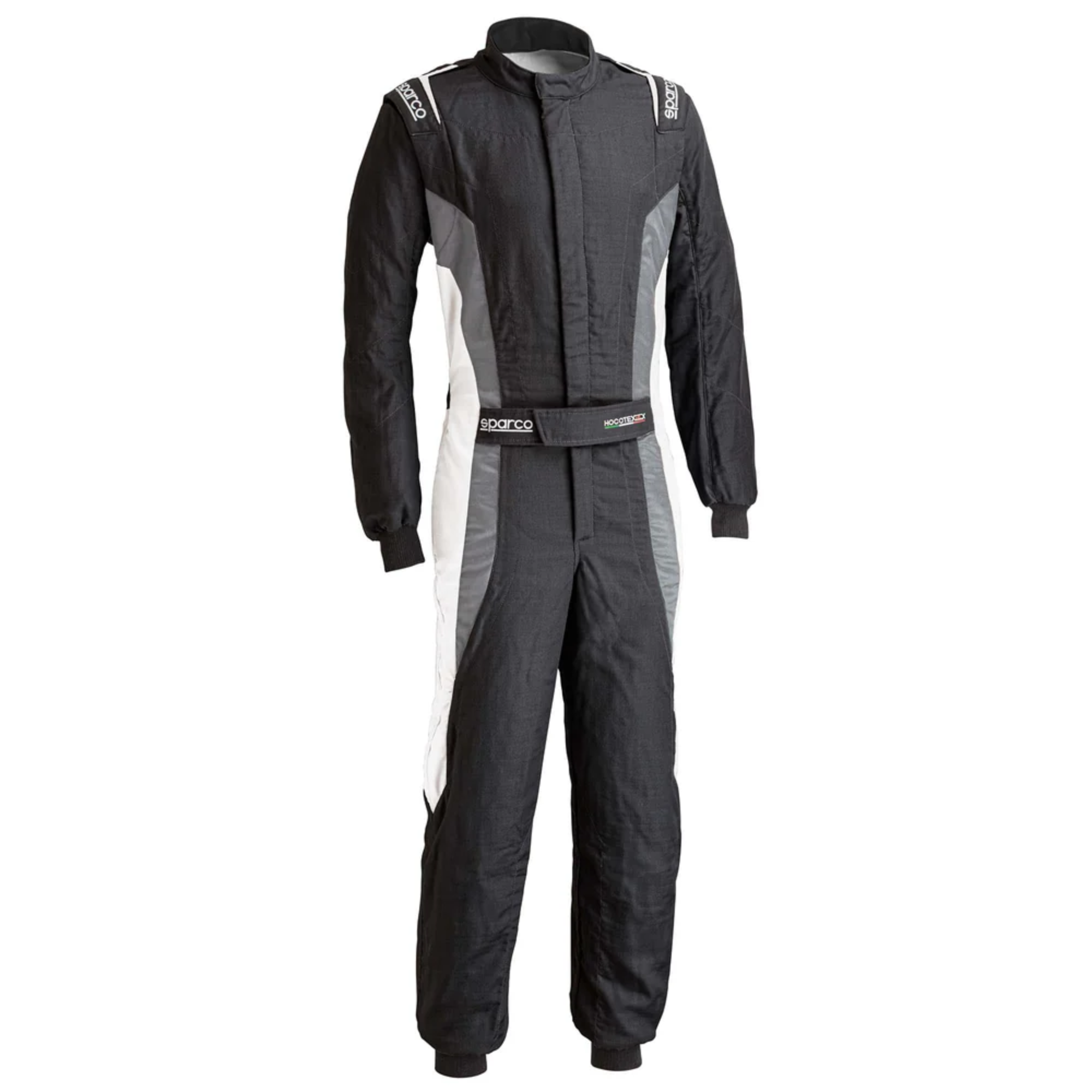 The front of the black and grey Sparco Victory Pro Fire-Resistant Racing Suit.