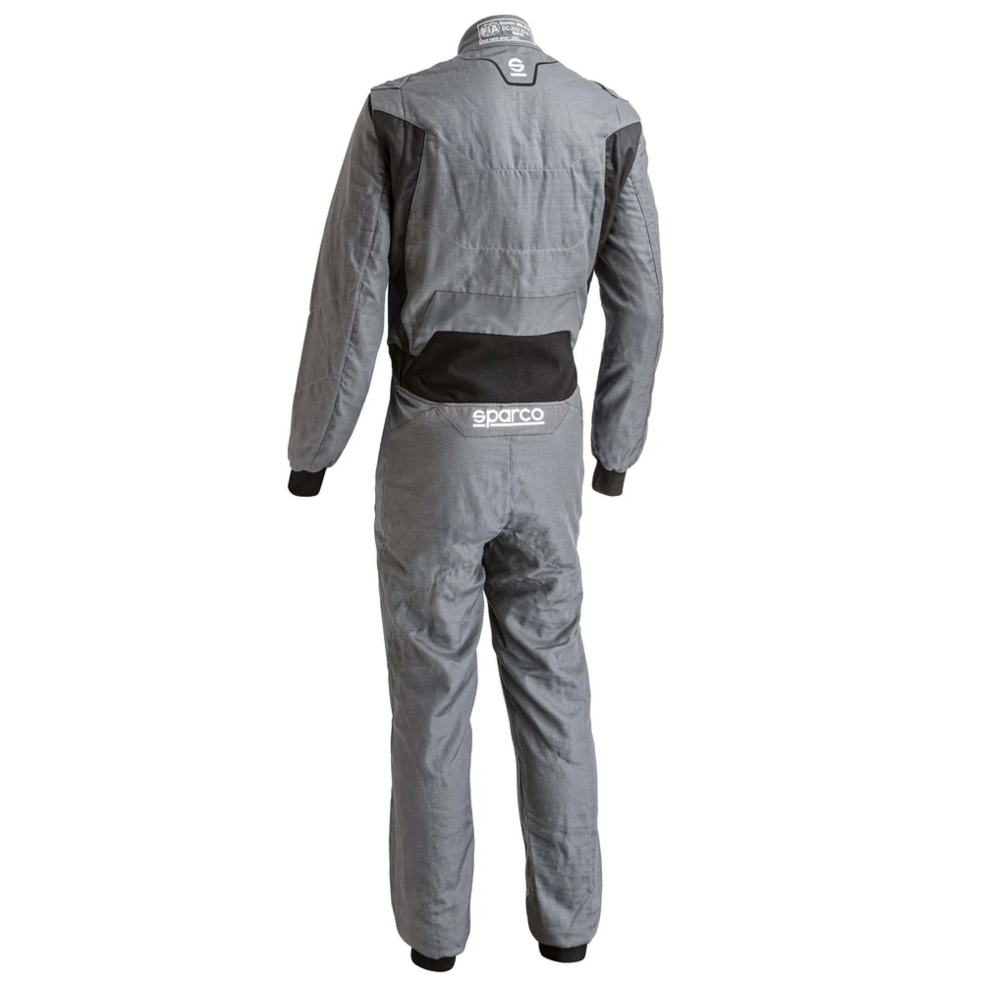 The back of the grey and black Sparco Victory Pro Fire-Resistant Racing Suit.