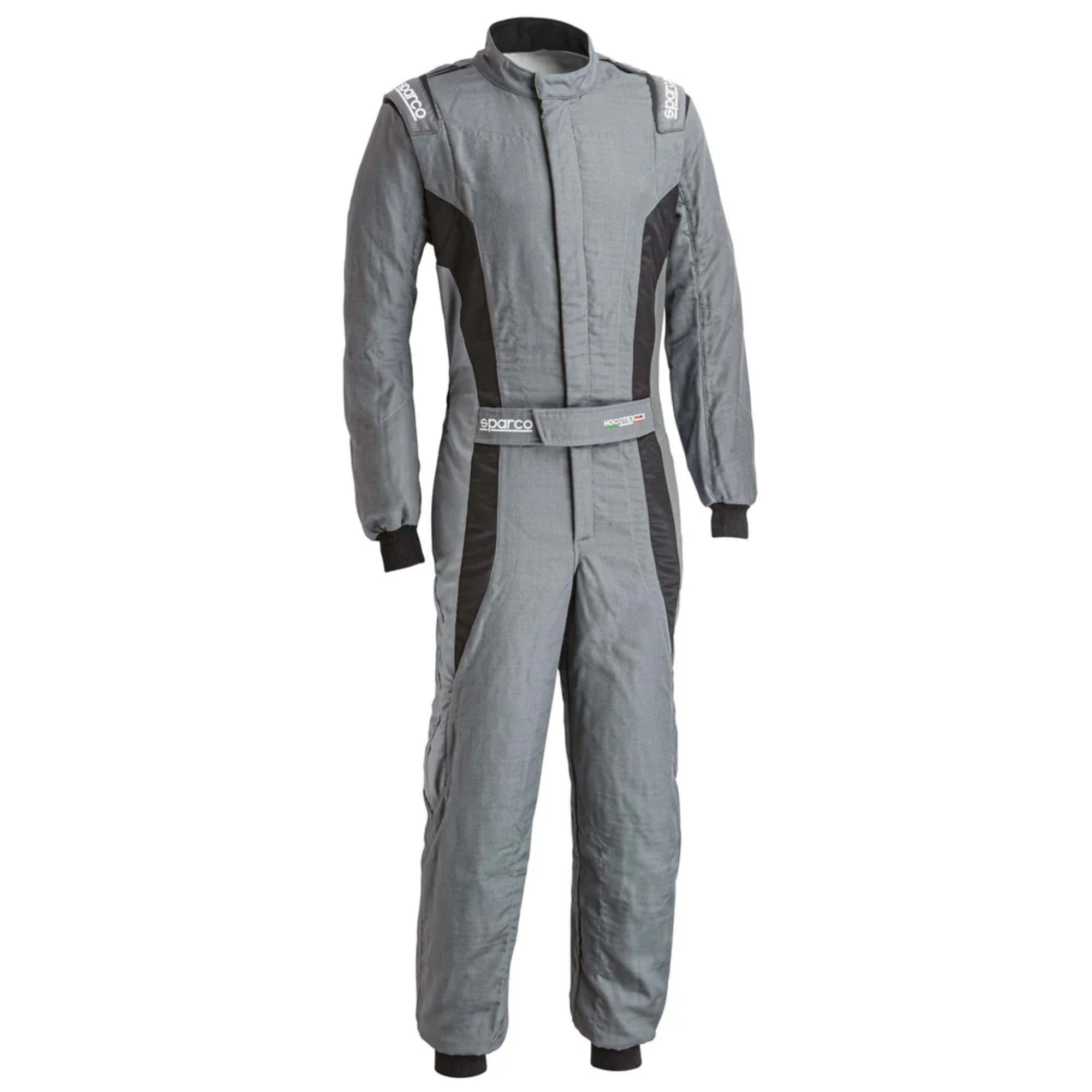 The front of the grey and black Sparco Victory Pro Fire-Resistant Racing Suit.