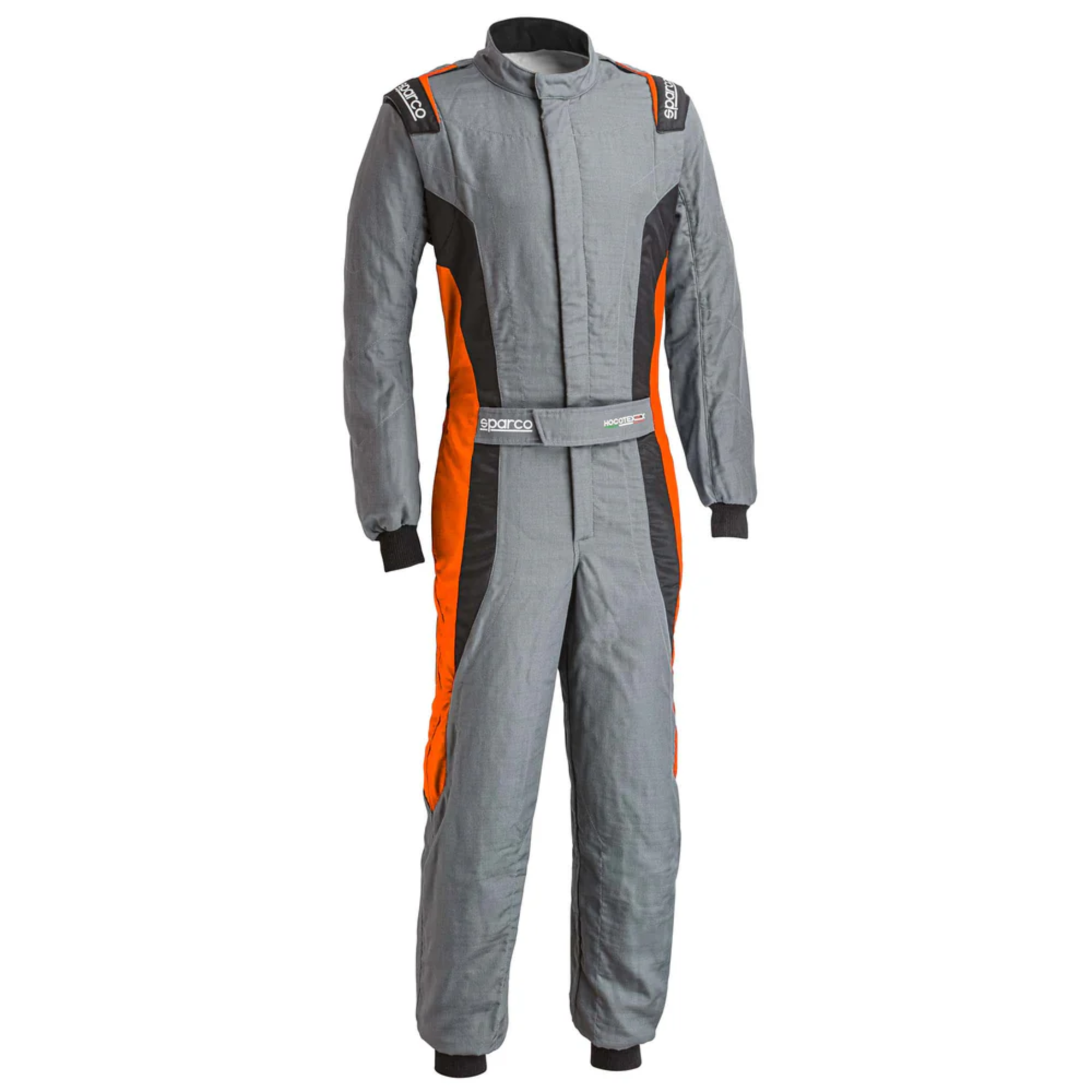 The front of the grey and orange Sparco Victory Pro Fire-Resistant Racing Suit.
