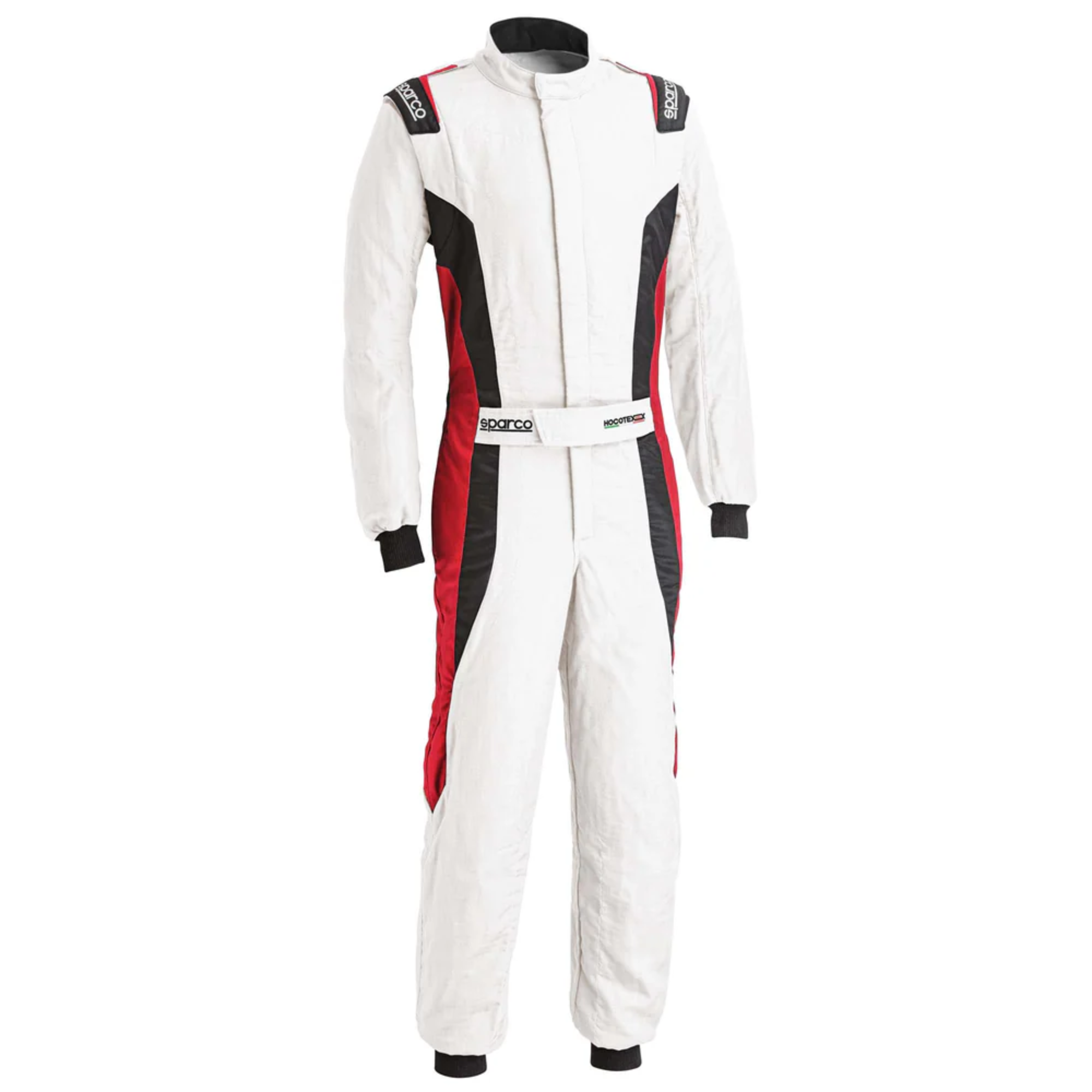 The front of the white and red Sparco Victory Pro Fire-Resistant Racing Suit.