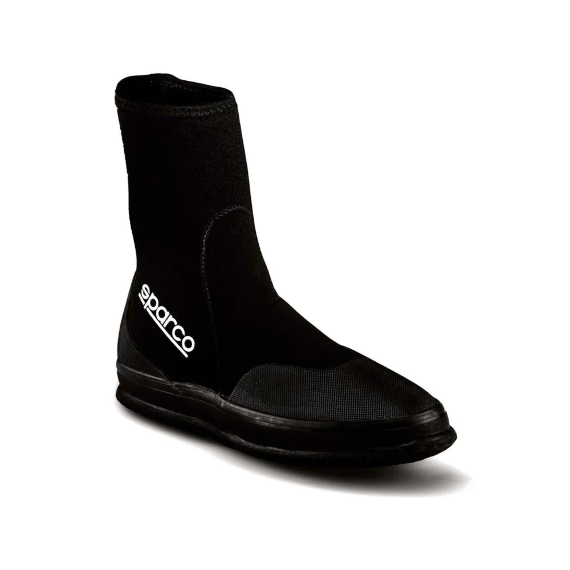 Showing one of the two black shoes with white Sparco logo in the pair of Sparco Waterproof Rain Boots.