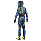 The blue, black and yellow Sparco X-Light Full Efficiency Infinity Racing Suit worn by a driver model with a helmet on.