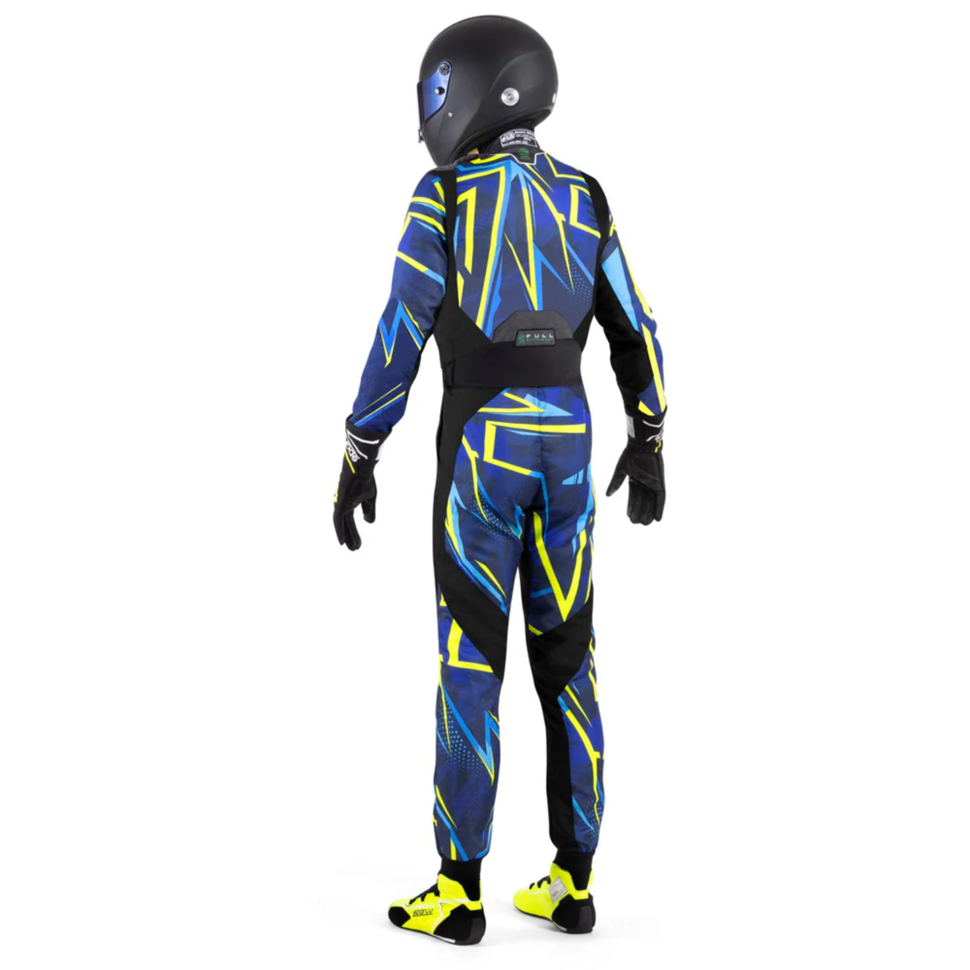 The blue, black and yellow Sparco X-Light Full Efficiency Infinity Racing Suit worn by a driver model with a helmet on.