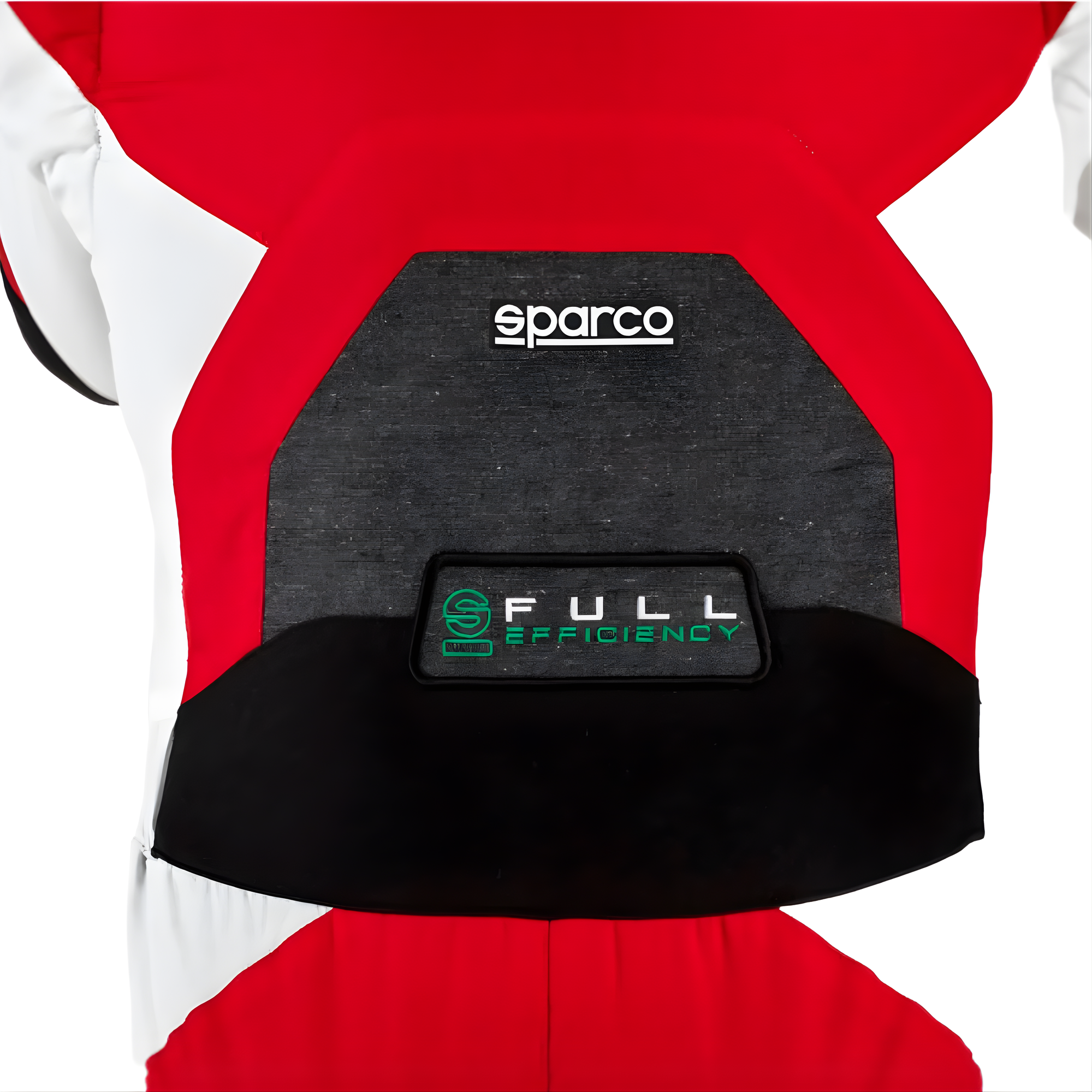 The red and white Sparco X-Light Full Efficiency Racing Suit from Sparco showing the back.