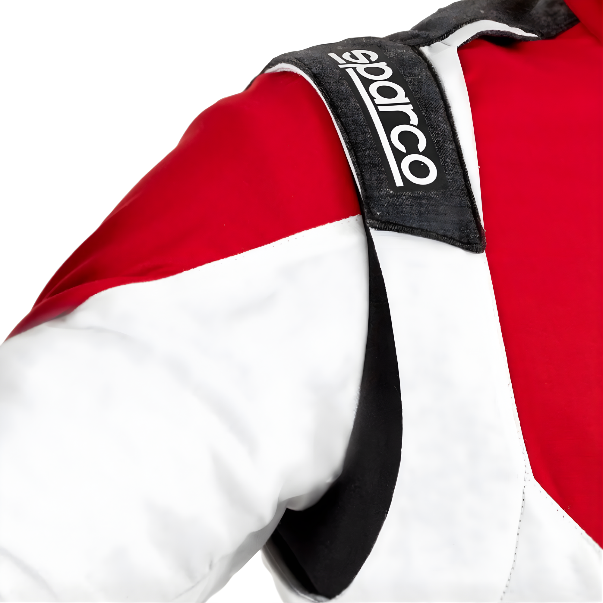 The red and white Sparco X-Light Full Efficiency Racing Suit from Sparco showing the shoulder.