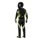 The back of the black and yellow Sparco X-Light K Kart Racing Suit being worn by a model.