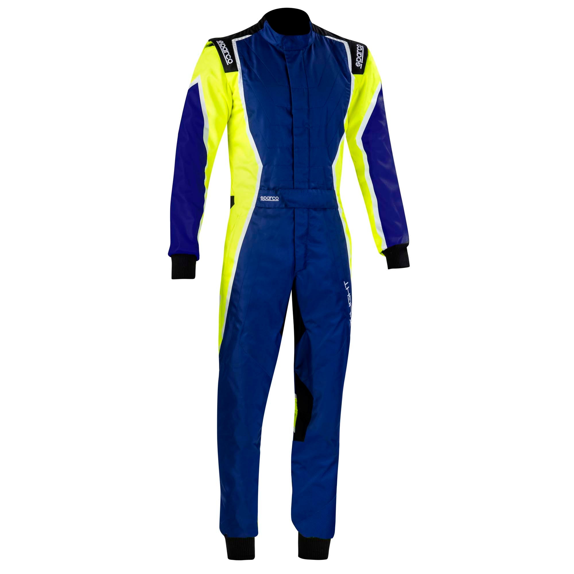 The blue and yellow Sparco X-Light K Kart Racing Suit.