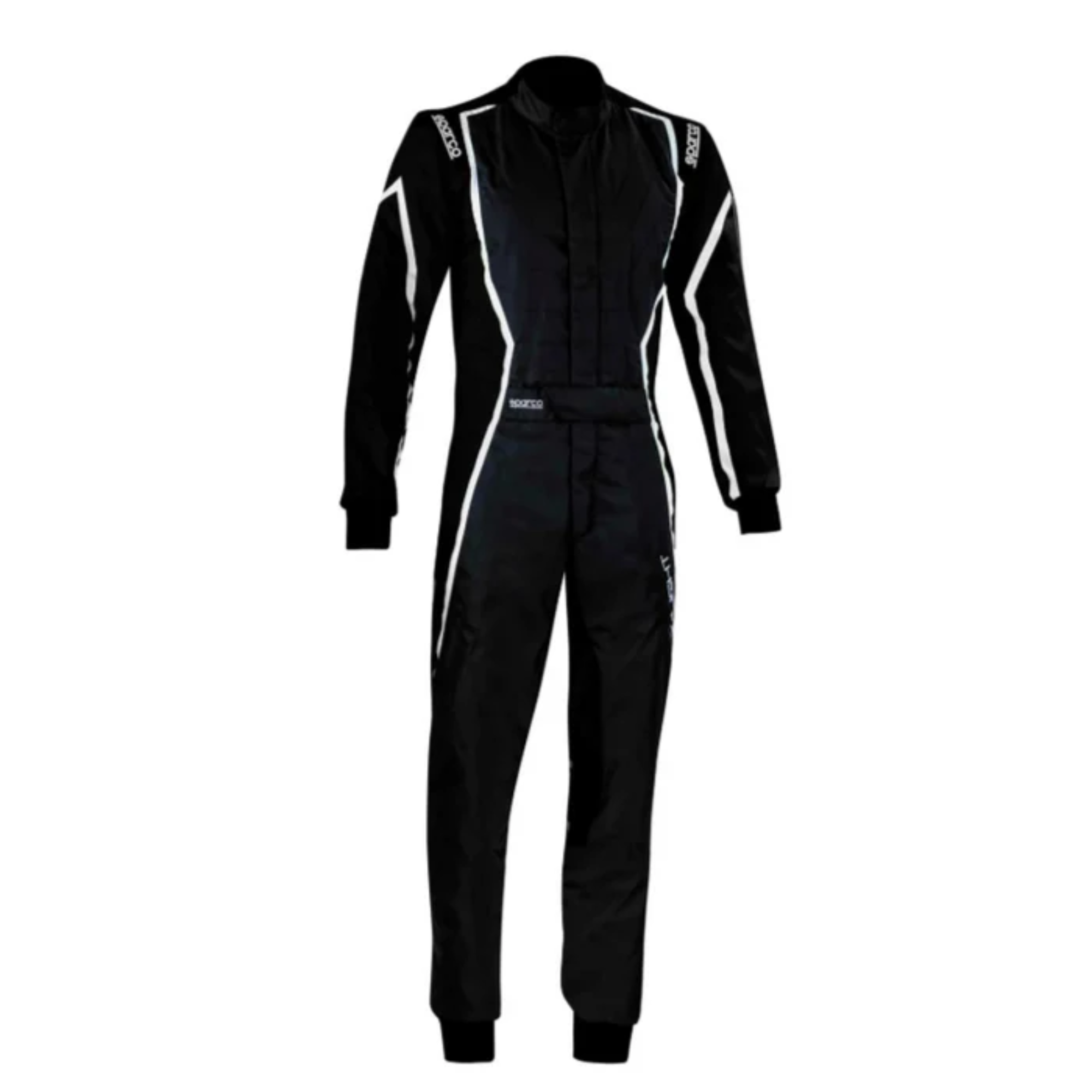 The black and white Sparco X-Light K Youth Kart Racing Suit.