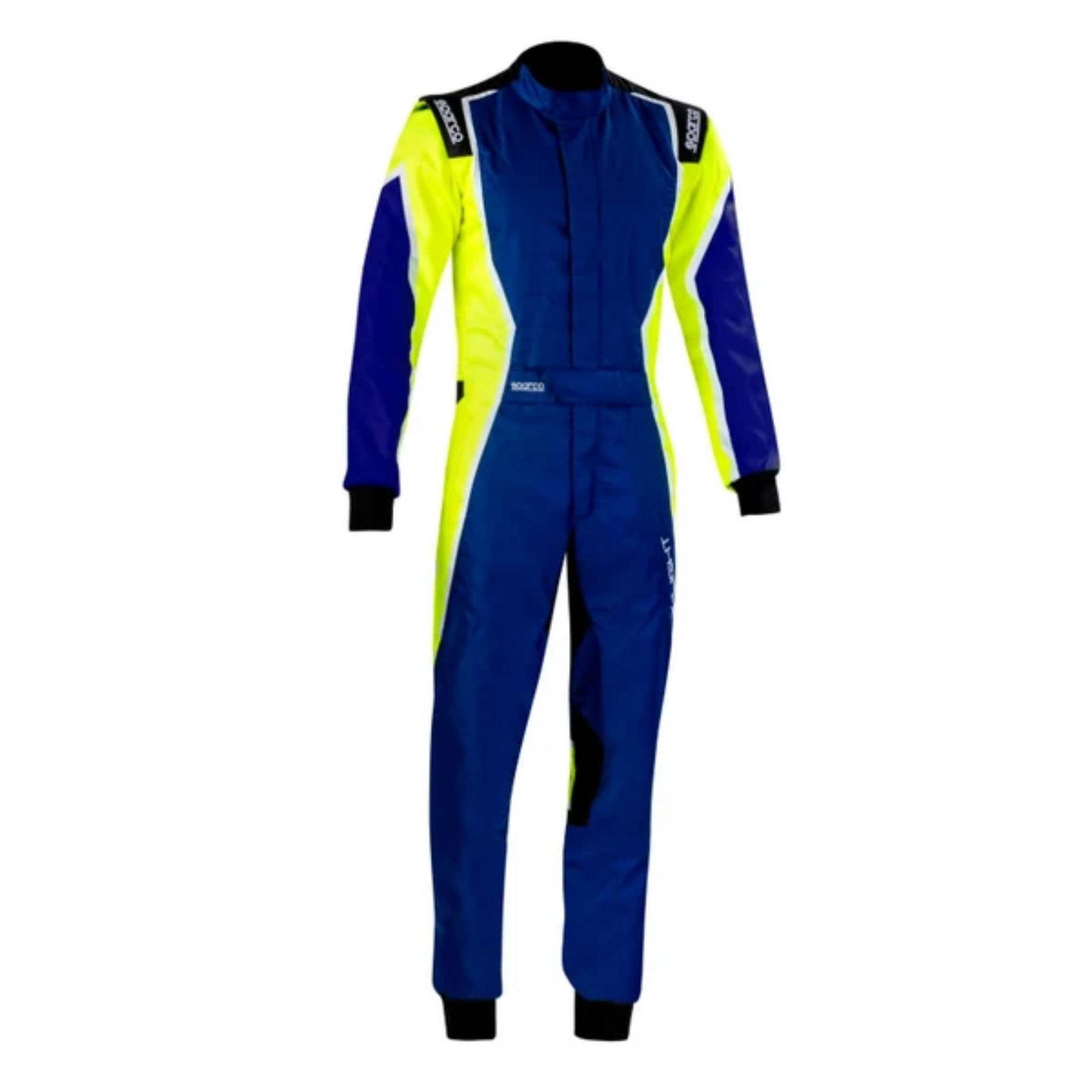 The blue and yellow Sparco X-Light K Youth Kart Racing Suit.