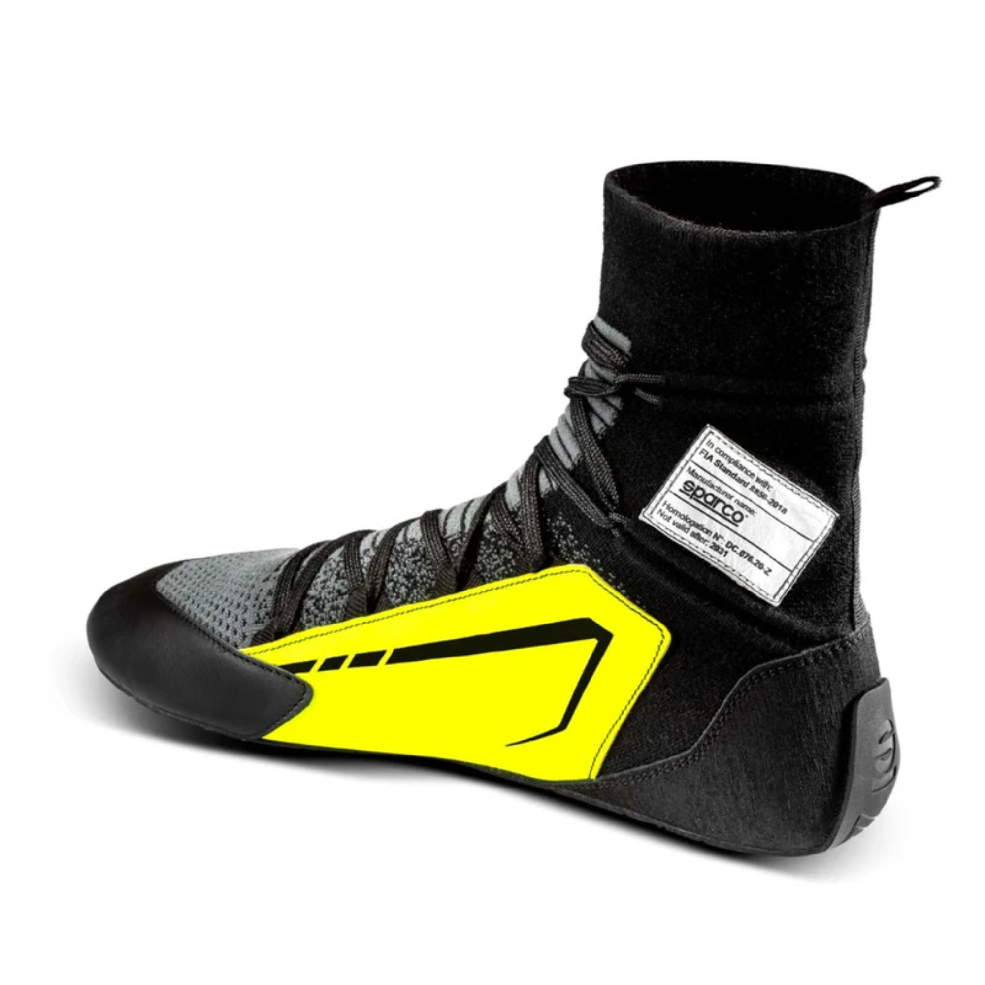 The inside of the black and yellow Sparco X-Light+ Racing Shoes.