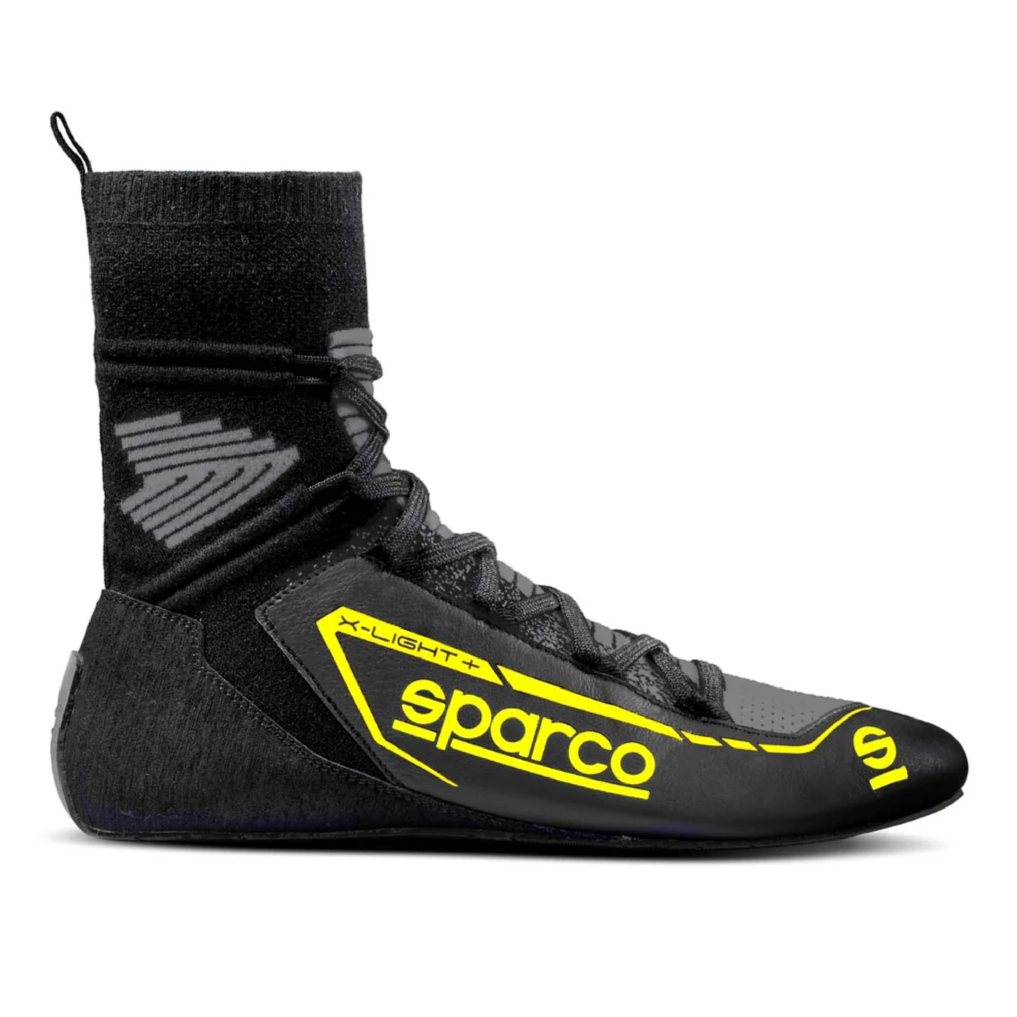 The side of the black and yellow Sparco X-Light+ Racing Shoes.